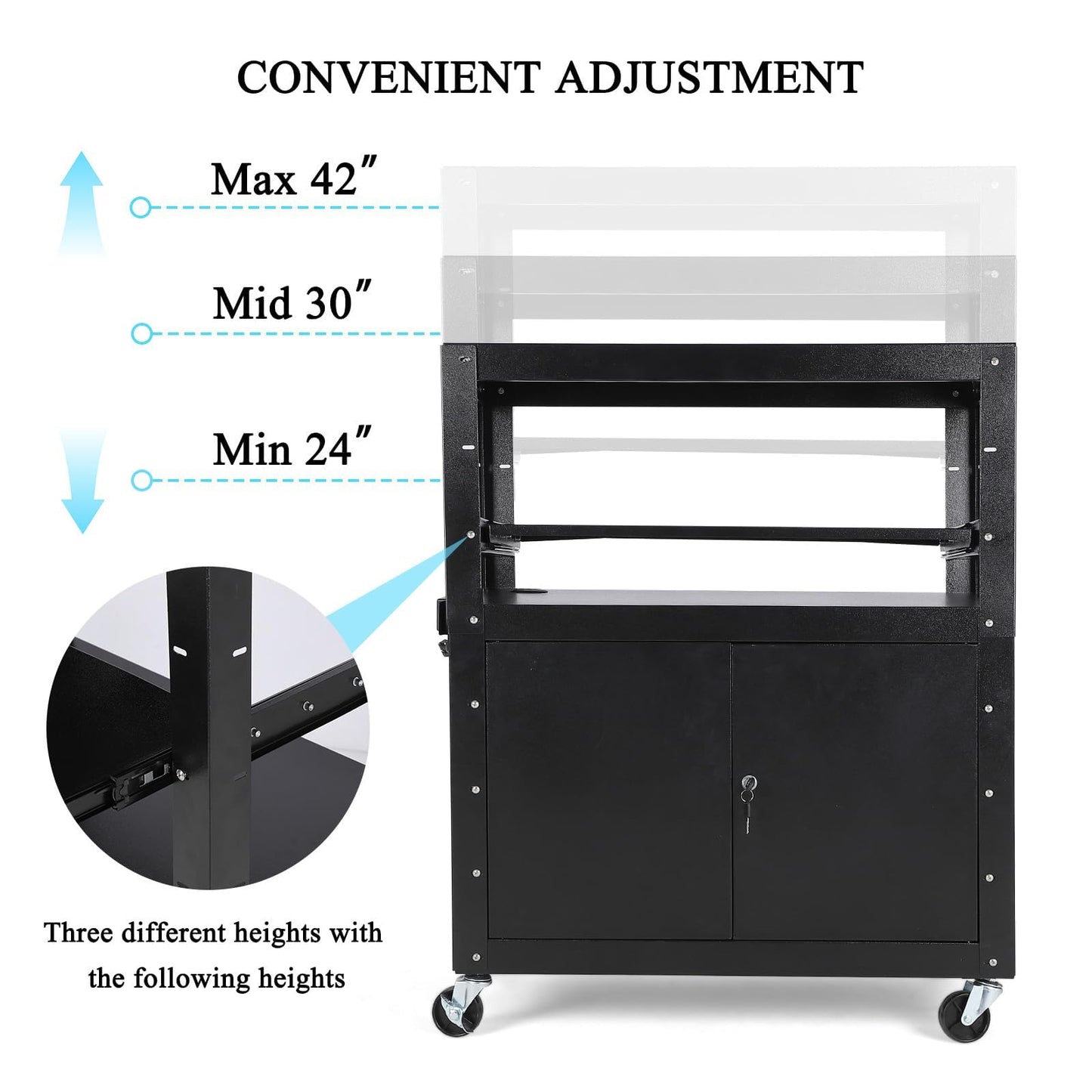 GAOMON Rolling AV Cart with Locking Cabinet, Laptop Stand, and Drop Leaves, Height Adjustable Mobile Utility Cart Workstation with Extra Storage Space, Power Strip