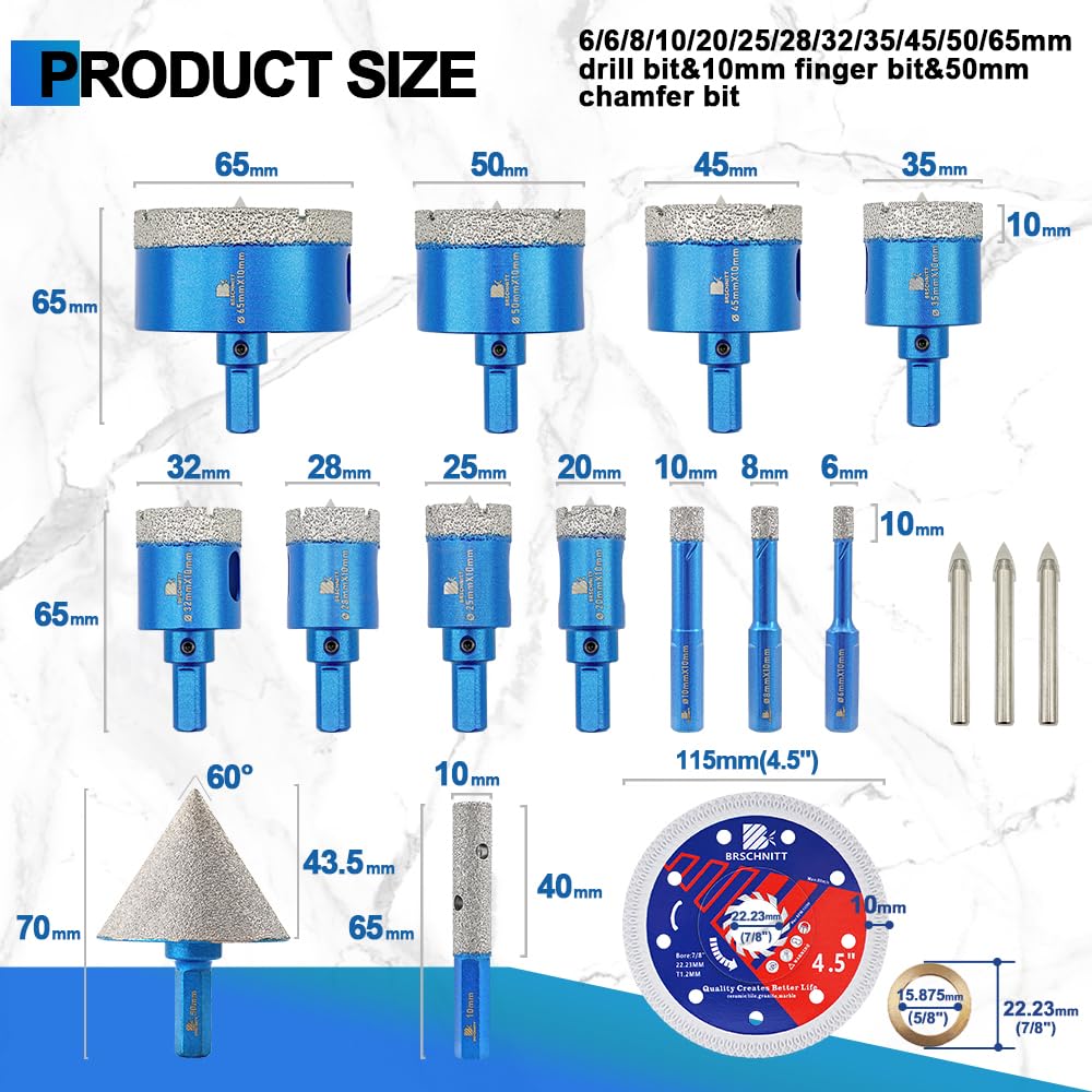 BRSCHNITT Diamond Tile Hole Saw Kit with Pilot Bit - (6-65mm) Dry Diamond Core Drill Bit Triangle Shank&Tile Blade for Porcelain Tile Ceramic Stone Granite Marble
