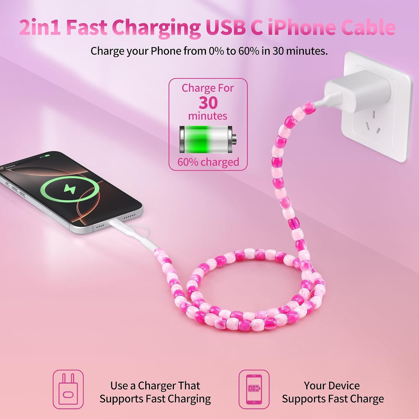 17 16 2 1 3FT 60W 15 14 13 12 S25 S24 SAMONPOW for iPhone Pro Charger Cord in USB C Charger Cable Jade Beaded Multi