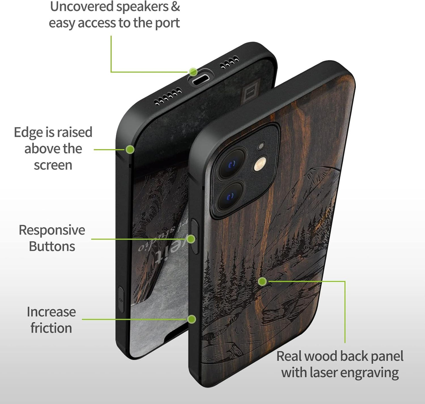 Carveit 12 Magnetic Wood Case for iPhone Case [Natural Wood & Black Soft TPU] Shockproof Protective Unique Wooden Cover
