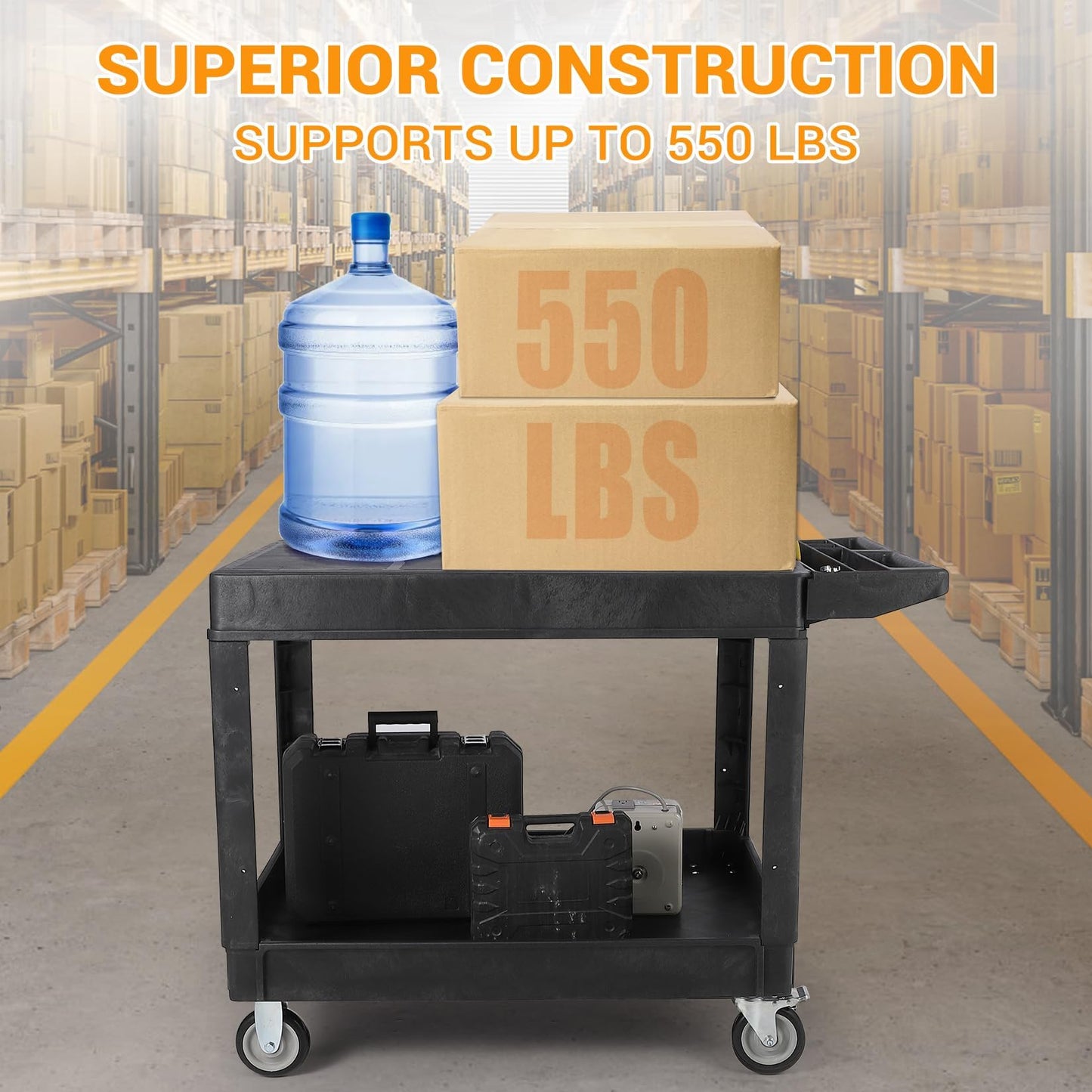Large Heavy Duty Plastic Utility Service Cart Flat top 45.8 x 25 Inch, Work Cart Flat Shelves Holds up to 550 lbs - 2 Tier Service Cart with 360°Swivel Wheels (2 with Brakes) Black
