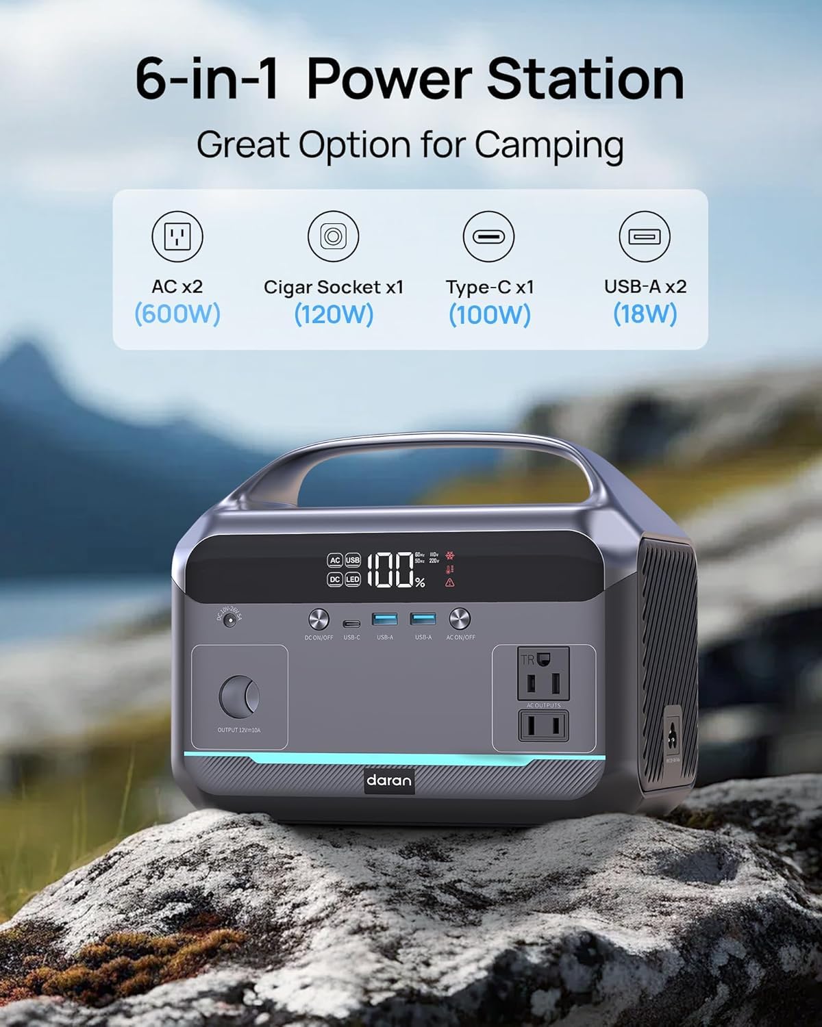 DaranEner Portable Power Station 600W, 288Wh LiFePO4 Battery Backup Power w/2×600W AC Outlets (1200W Surge), 2.2H Fast Charging, Solar Generator for Outdoor Camping/RVs/Home Emergency (Solar Optional)
