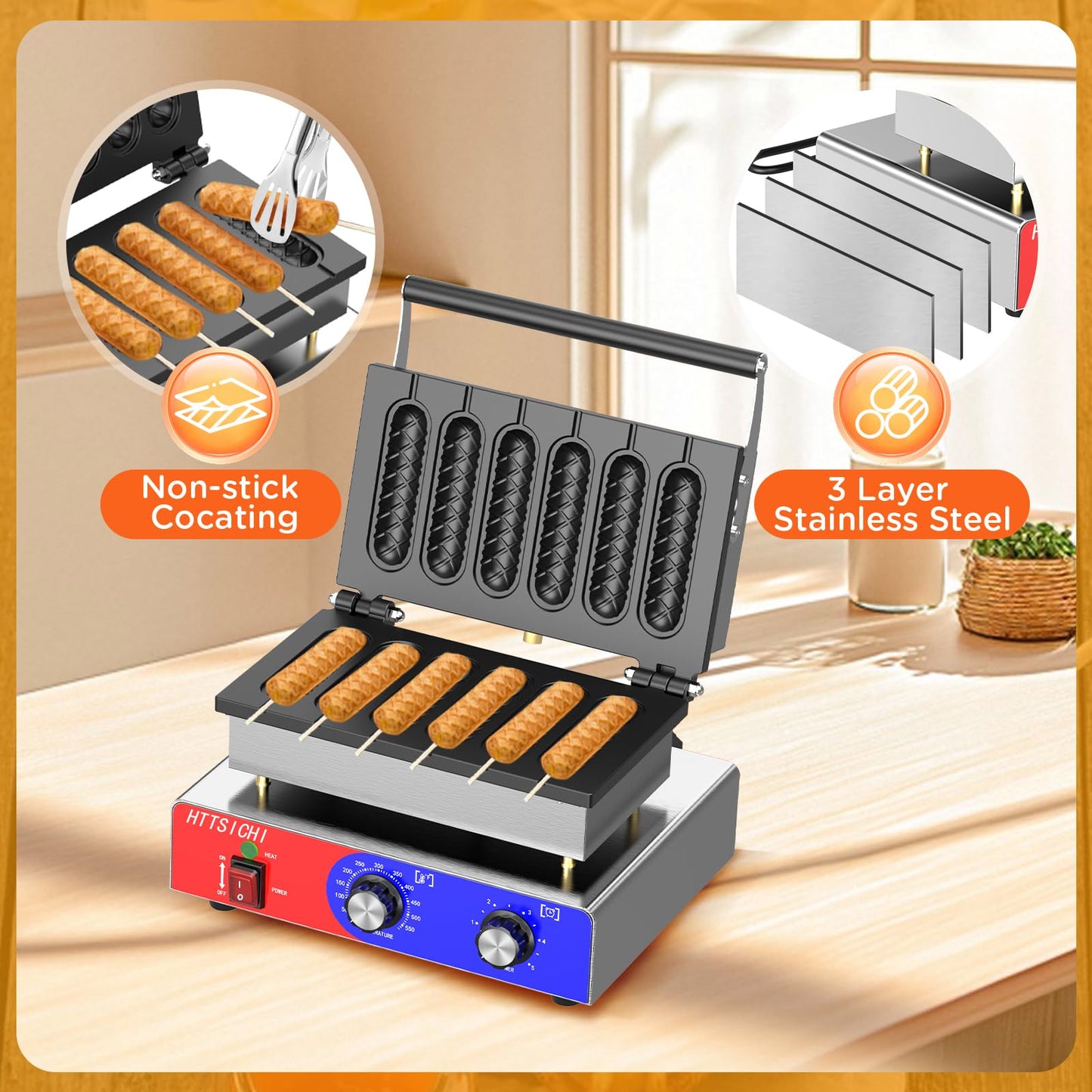 HTTSICHI Waffle Stick Maker -Commercial Corn Dog Maker w/Non-stick Baking Pans, 550 ℉ Temperature and Timer, 1550W Corndog Maker Machine for Double Baking, 110V Waffle Stick Maker Machine for Hotel