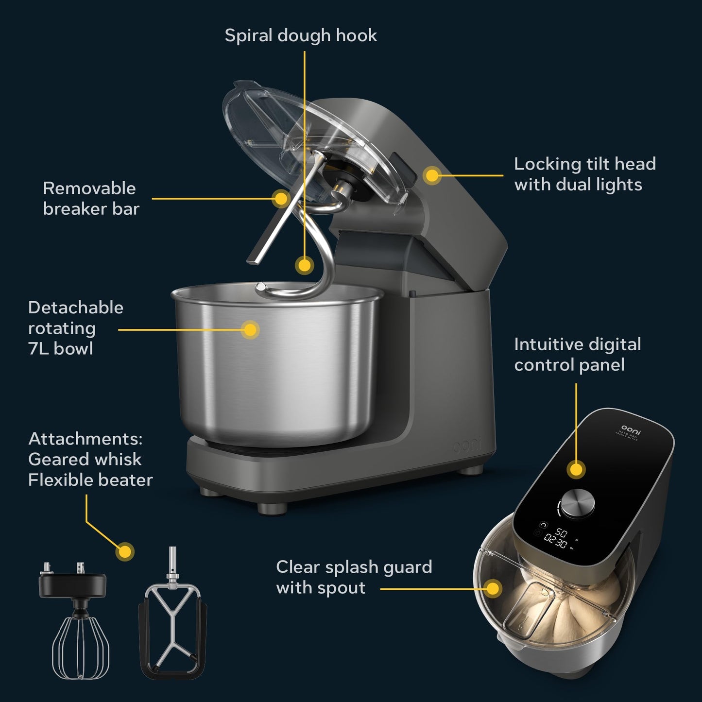 Ooni Halo Pro Spiral Mixer - Dough Stand Mixer with Attachments, 7.3 Quart Capacity and 58 Speed Settings - Charcoal Grey