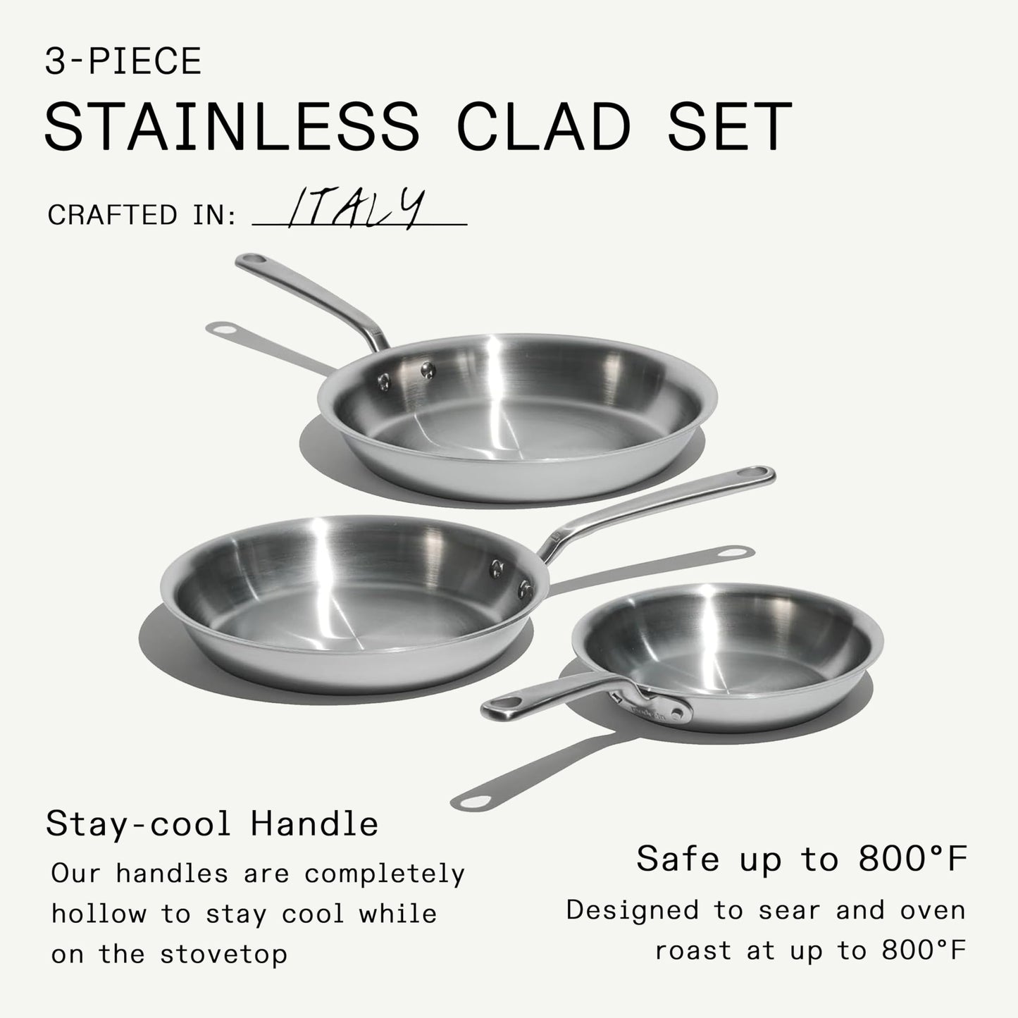 Made In Cookware | 3-Piece (Includes 8",10",12") Stainless Frying Pan Set | 5 Ply Stainless Clad | Professional Cookware | Crafted in Italy | Induction Compatible