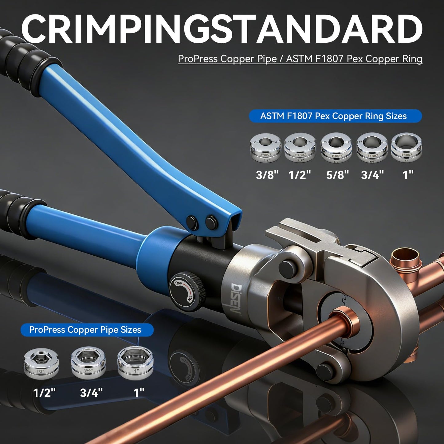 DISEN Hydraulic Copper Pipe Tube Fittings Crimping Tool with Copper Cutter, PEX Tubing Cutter and Copper Ring Removal Tool, Hydraulic Driven Press Tool with 8 Dies for Copper Pipe or PEX Pipe Crimp
