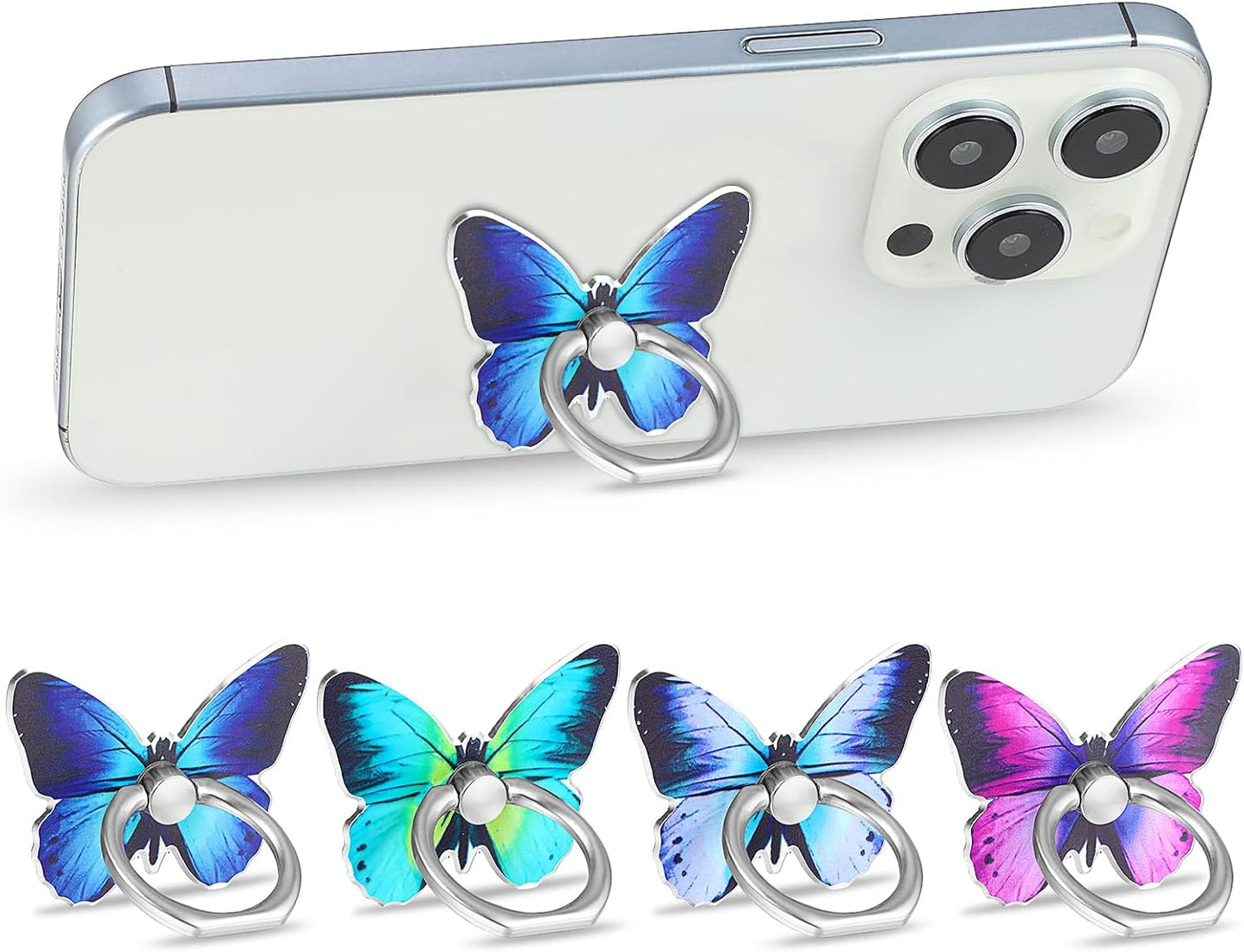 Bremorou 4Pcs 360 Butterfly Cell Phone Ring Stand Holder Cute Metal Butterfly Shaped Cellphone Grip Rotating Metal Hand