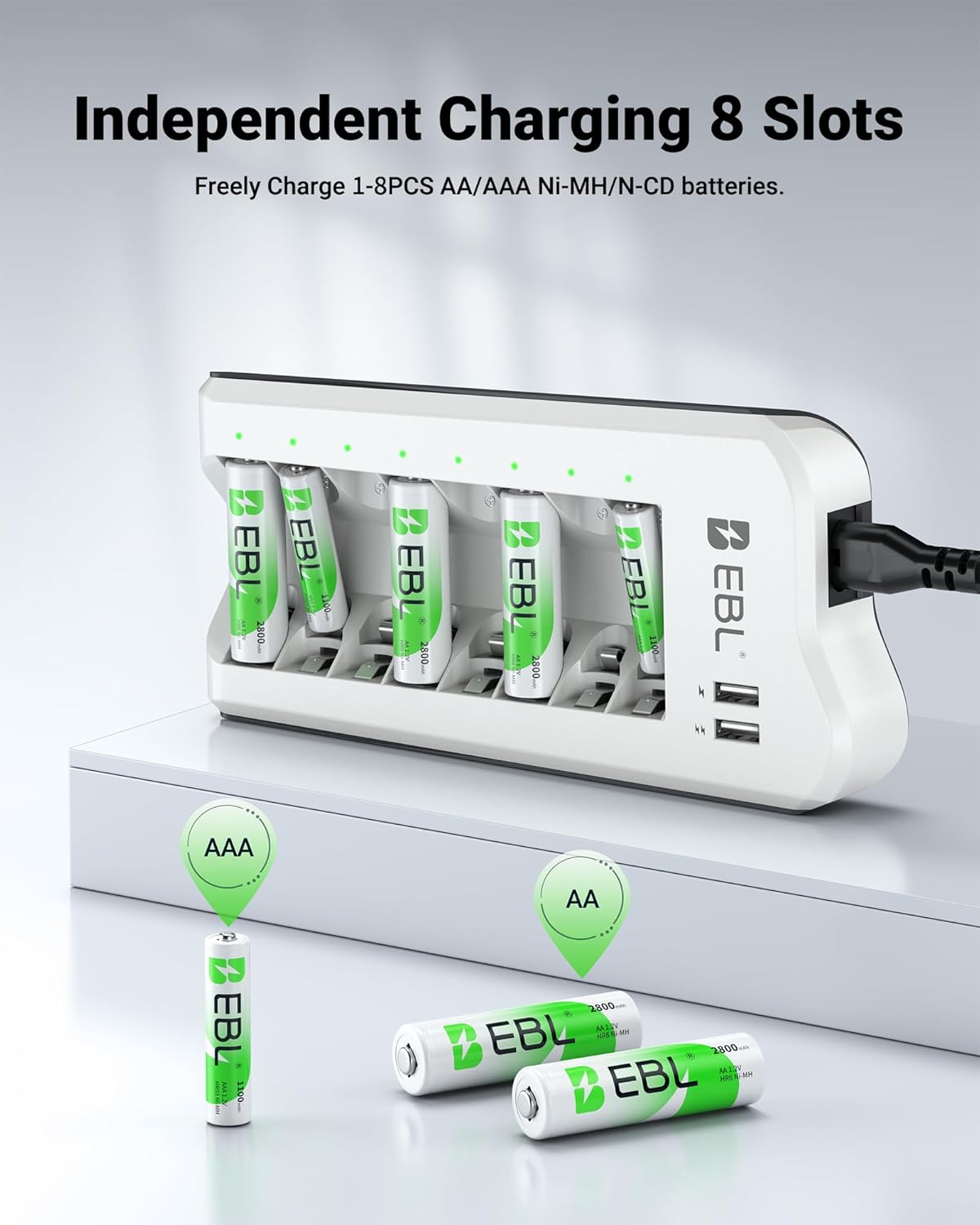 EBL 1100mAh (16 Pack) 2 NiMH AAA Rechargeable Batteries and Rechargeable AA AAA Battery Charger with USB Charging Ports