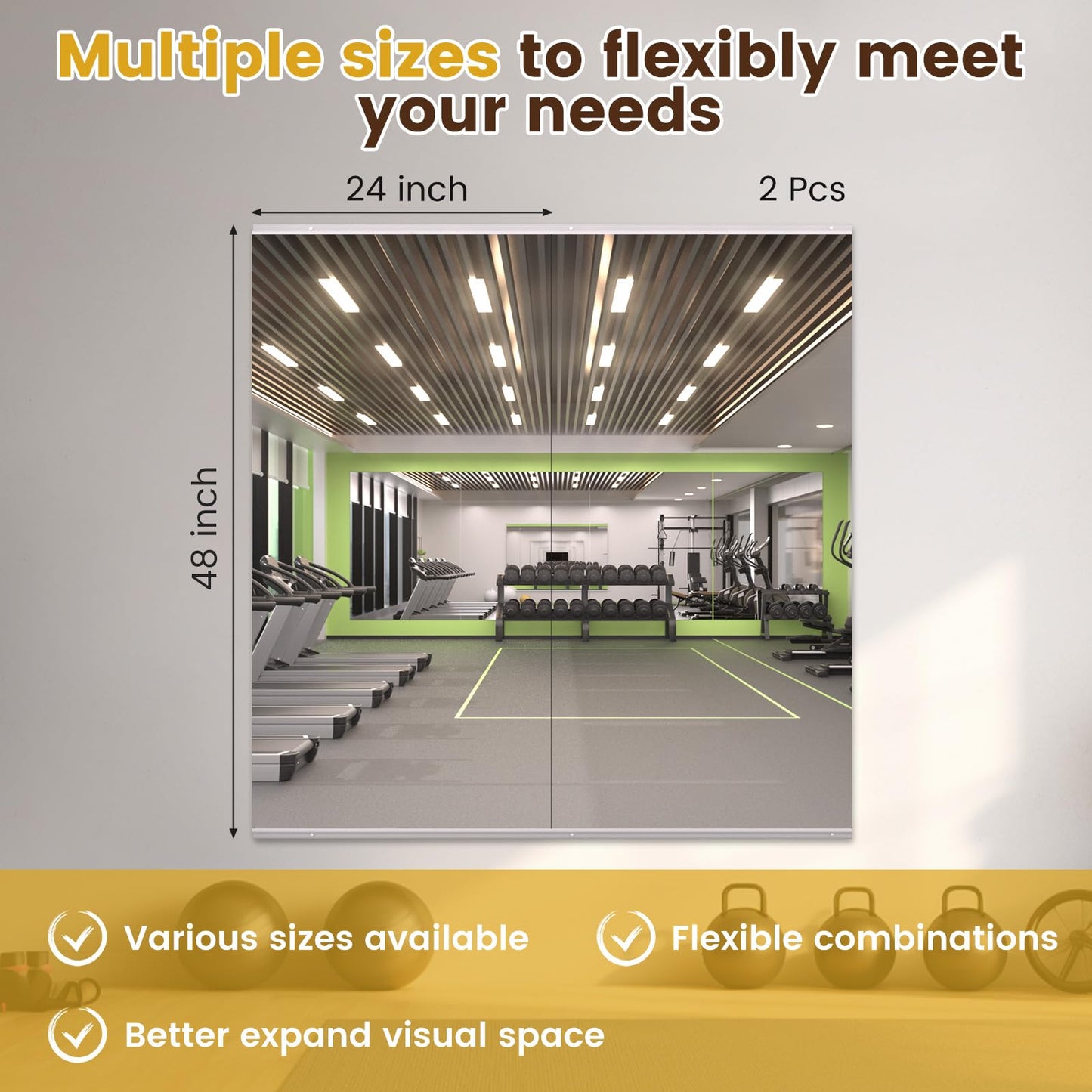 LOAAO Home Gym Mirror, 48"x24"-2 PCS Gym Mirrors for Wall, Frameless, Tempered Glass, Large Workout Mirrors for Home Gym, Dance Studio, Yoga Room, Garage Gym