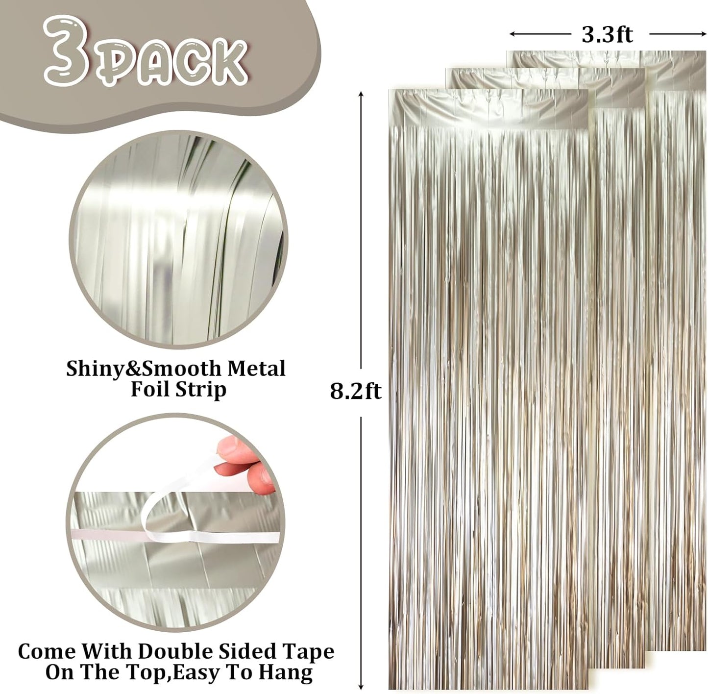 Voircoloria Matte Champagne Foil Fringe Backdrop Curtains - 3 Pack of 3.3 x 8.2 ft Tinsel Streamers for Parties