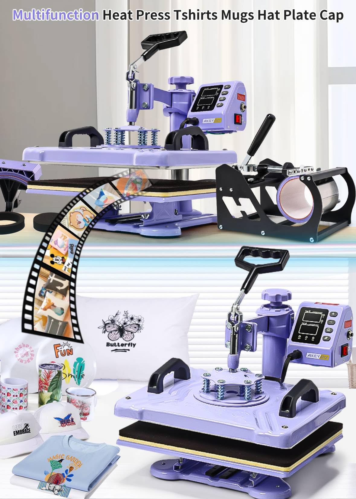 AKEYDIY Heat Press 5 in 1 Heat Press Machine 12x15 inch Swing Away T Shirt Pressing Machine with Digital Control, Multifunction Heat Press Transfer Sublimation Combo for T Shirts Mugs Hat Plate Cap