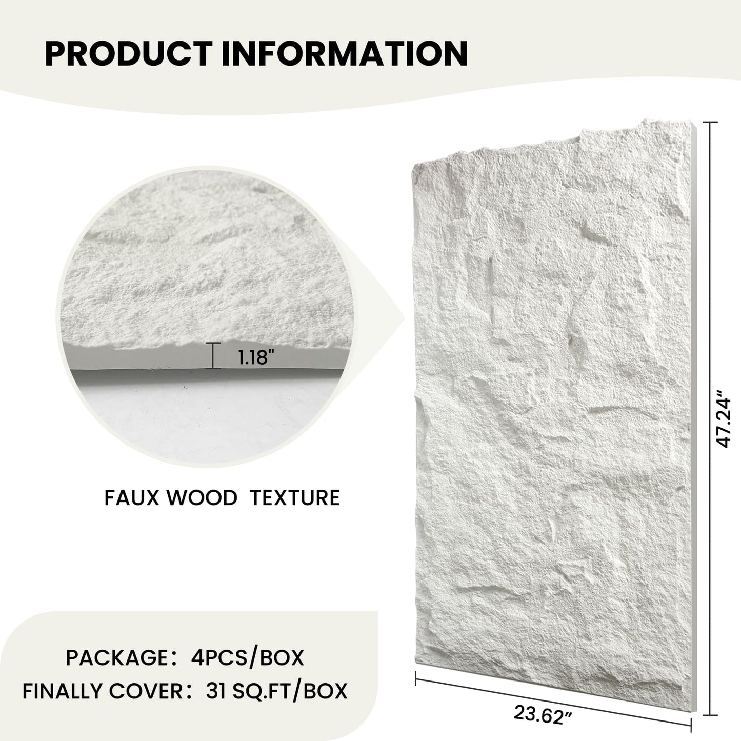 3D Faux Stone Wall Panels, 1.18" (30MM) Extra Thick PU Stone Panels for Interior Wall Decor, 4 Pack Waterproof Lightweight Cement Texture Accent Panels for Living Room, Office, 47.2" x 23.6", White