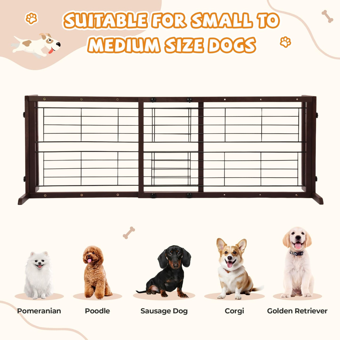 COZIWOW 38-67" Dog Gate Indoor, Free Standing Pet Gate for Doorways Extra Wide, Wooden Fence Puppy Safety Gates for The House, Stairs, Hallway, No Drilling Required,Brown