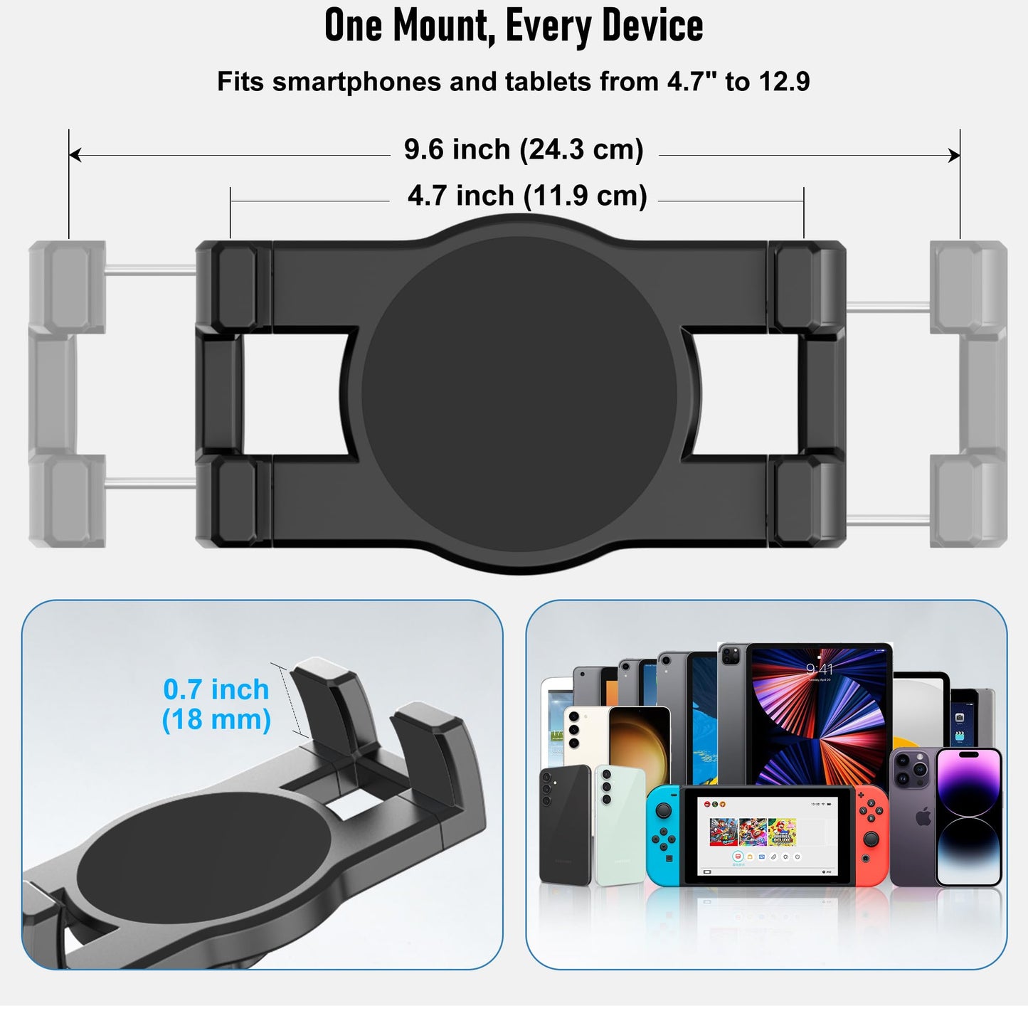TeQable Industrial Tablet Mount for Truck&Vehicle, Heavy Duty Drill Base iPad Mount Holder for Car, Adjustable Aluminum Arm, Compatible w/ 4.7"-12.9" Devices, Perfect for Dashboard, Boats, Walls–Black