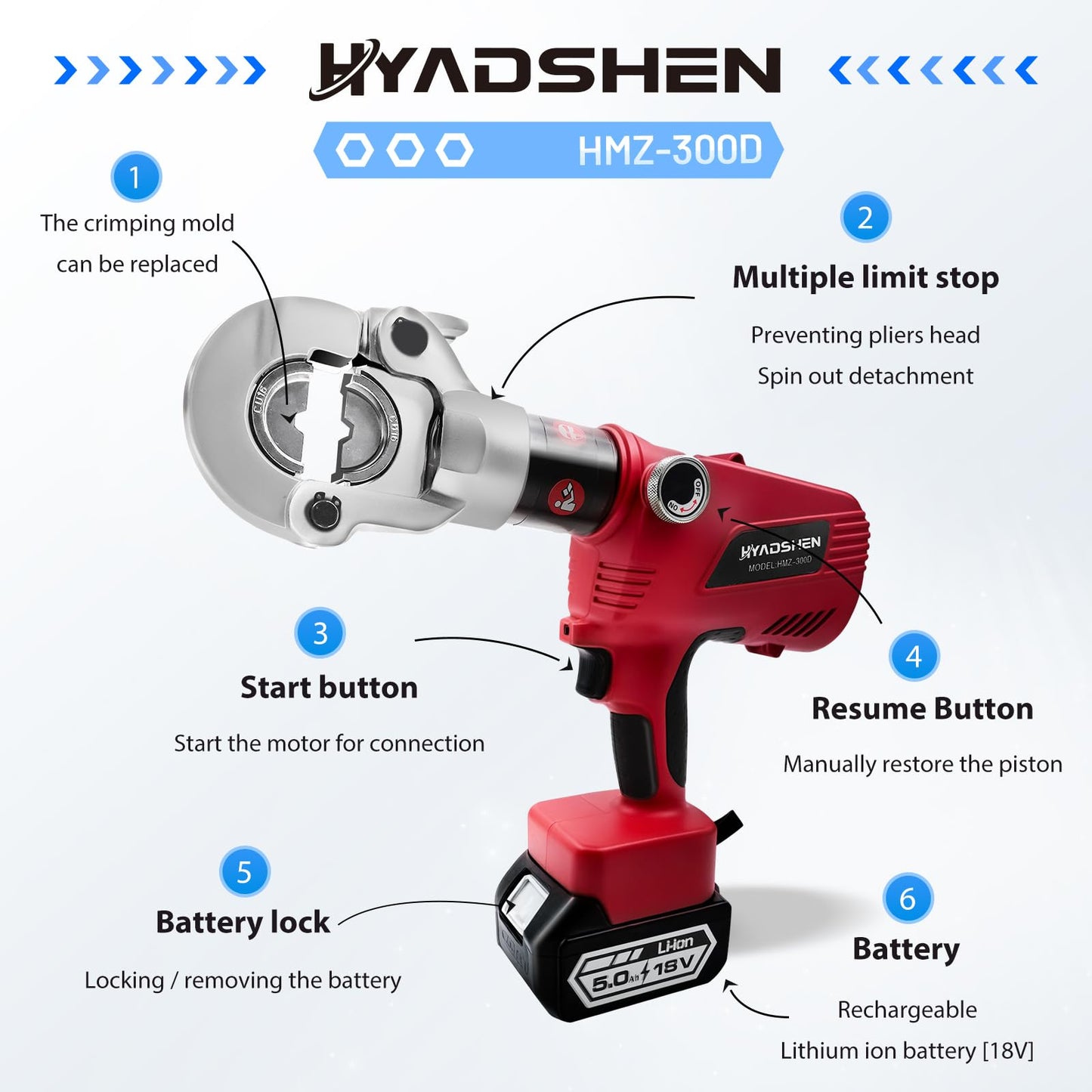Electric Hydraulic Cable Lug Crimper Pliers Rechargeable Crimping Tool 6 Ton Electrical Terminal Cable Wire Fiber Crimper Kit,Industrial portable electric hydraulic Cable Lug crimper with 11 Dies