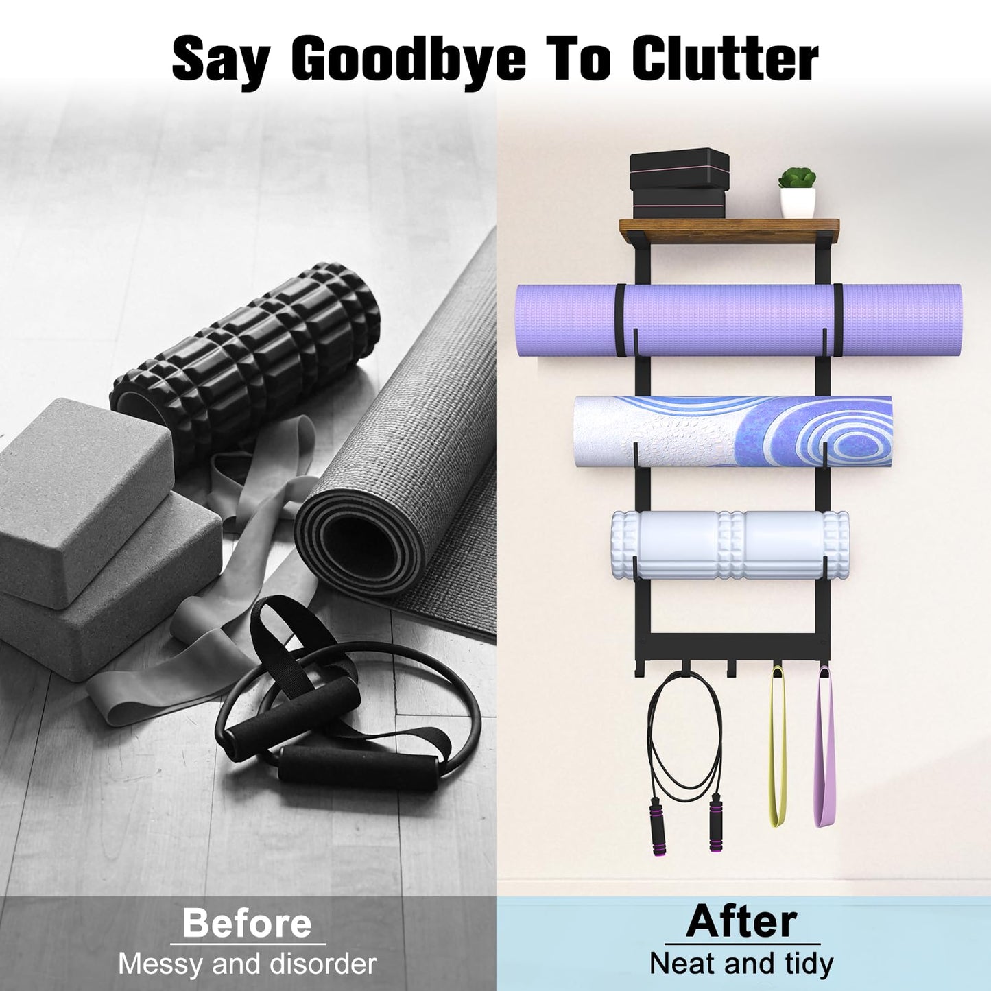 BSTSLL Yoga Mat Holder Wall Mount, Yoga Mats Storage Rack, Home Gym Wall Organizer Holder with Wood Floating Shelf and 5 Hooks, Storage Rack for Hanging Foam Roller/Band/Workout Equipment