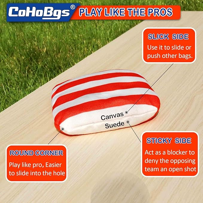 CoHoBgs Corn Hole Bags Set 8, Professional Cornhole Bags Dual-Sided Slick & Stick Resin Filled Suede and Duck Canvas Bean Bag for Cornhole Game Includes Carry Case