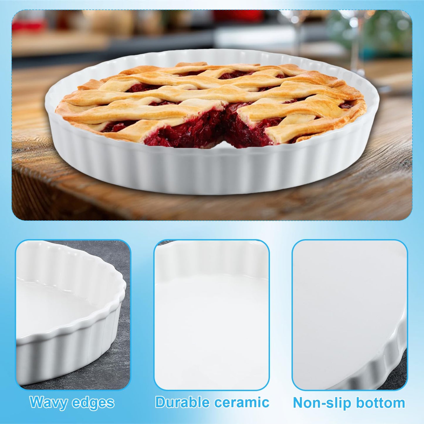 Enjamyo 10 Inches Ceramic Quiche Pans, 2 Pcs Round Pie Baking Dish, Non-Stick Round Pie Dish Quiche Pan, Fluted Edge Pie Pans for Baking Tart Pies, Apple, Quiche(White)