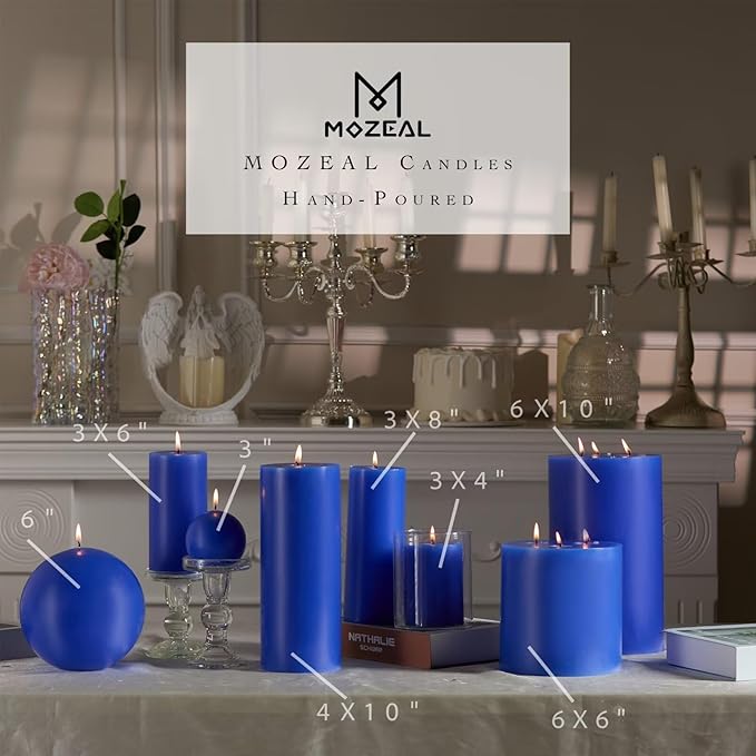 MOZEAL 4" x 12" Extra-Large Blue Pillar Candles (Set of 2), Unscented,Dripless, Smokeless,Long Clean-Burning,These Tall 12 inch Large Blue Pillar Candles Perfect for Weddings and Christmas Decor