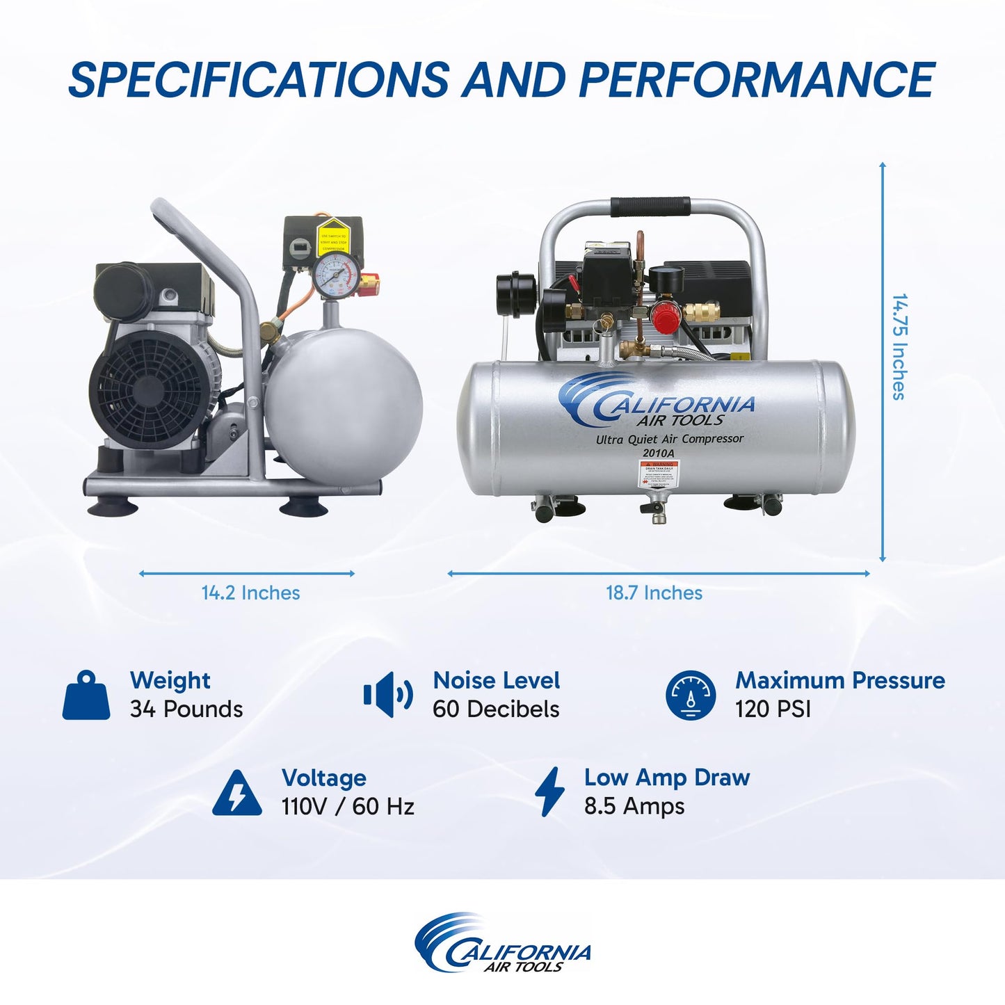 California Air Tools 2010A 1.0 HP Ultra Quiet and Oil-Free Air Compressor, 2 Gallon Aluminum Tank, 60 dBA Noise Level, Silver