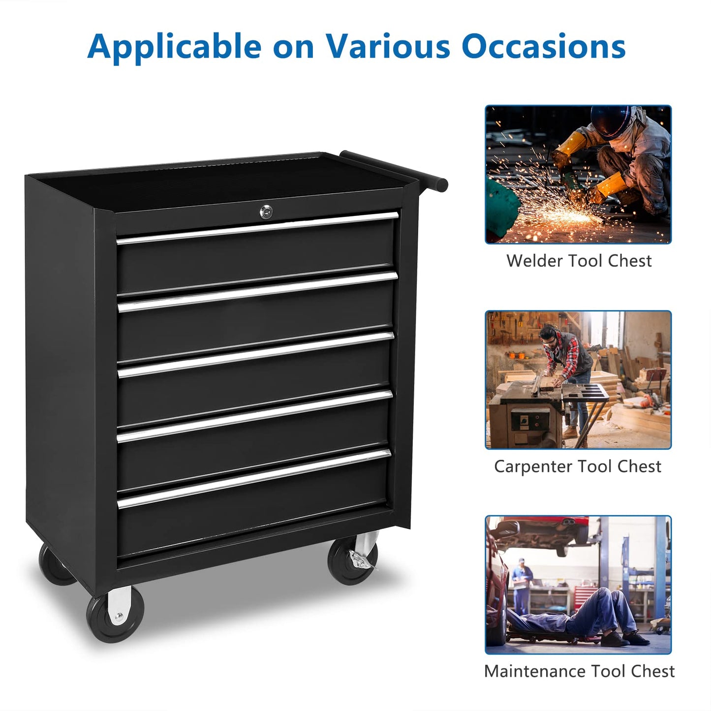 TUFFIOM 5-Drawer Rolling Tool Chest w/Drawers & Lock, Tool Storage Cabinet with Lockable Wheels, Top Cushion & Drawer Liners, Tool Organizer Box for Garage, Warehouse & Repair Sho