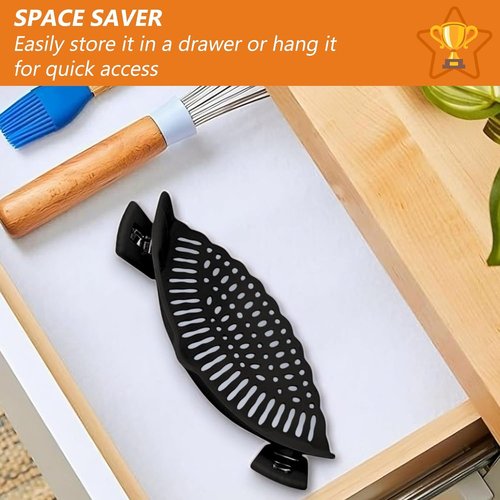 Clip On Strainer Silicone for All Pots and Pans, Pasta Strainer Clip on Food Strainer for Meat Vegetables Fruit Silicone Kitchen Colander (Black)