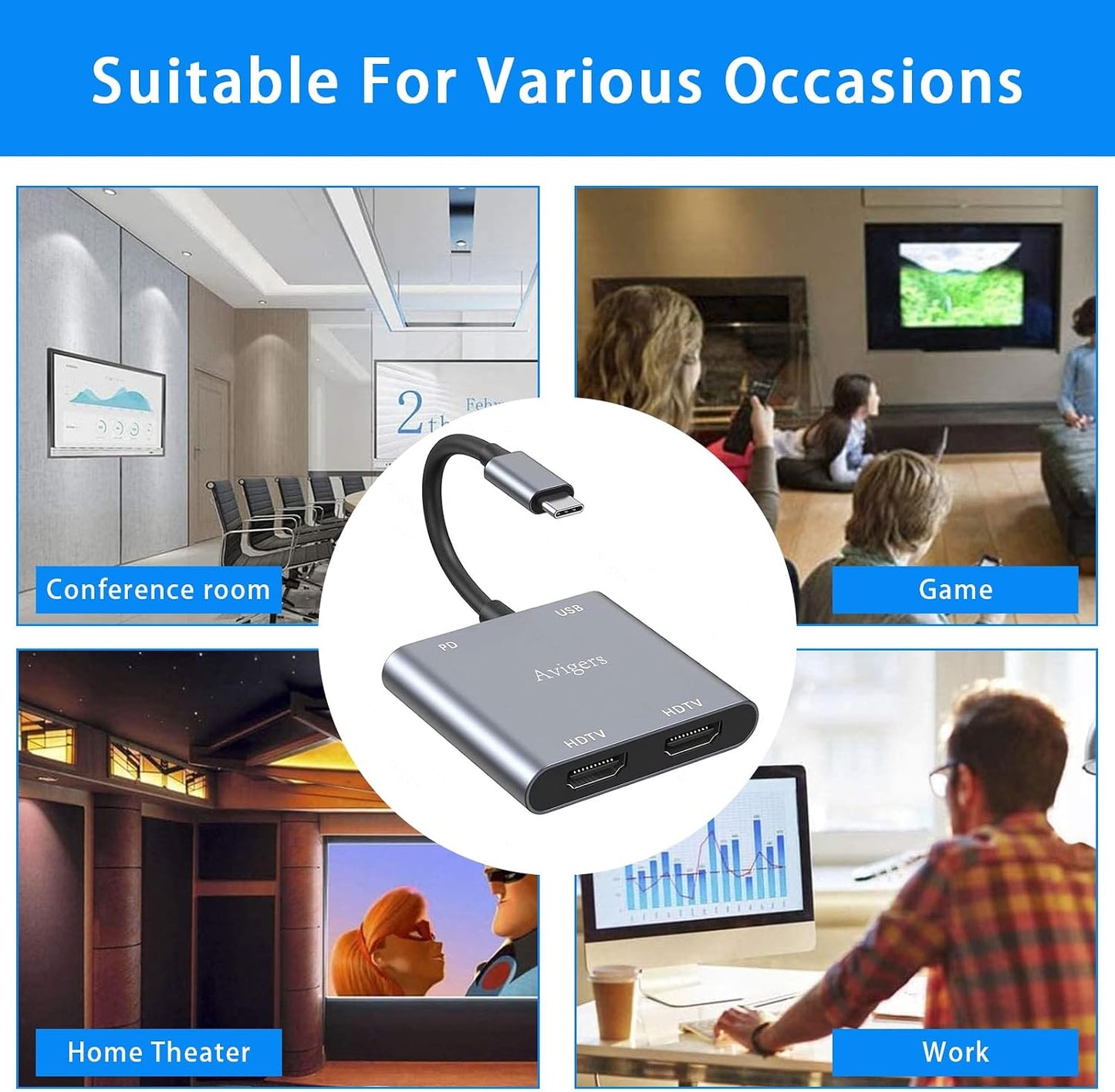 Avigers 4K@60Hz, 4-in-1 100W 3.0 USB C to Dual HDMI Adapter HDMI Splitter for Dual Monitors with PD Charging & USB Port