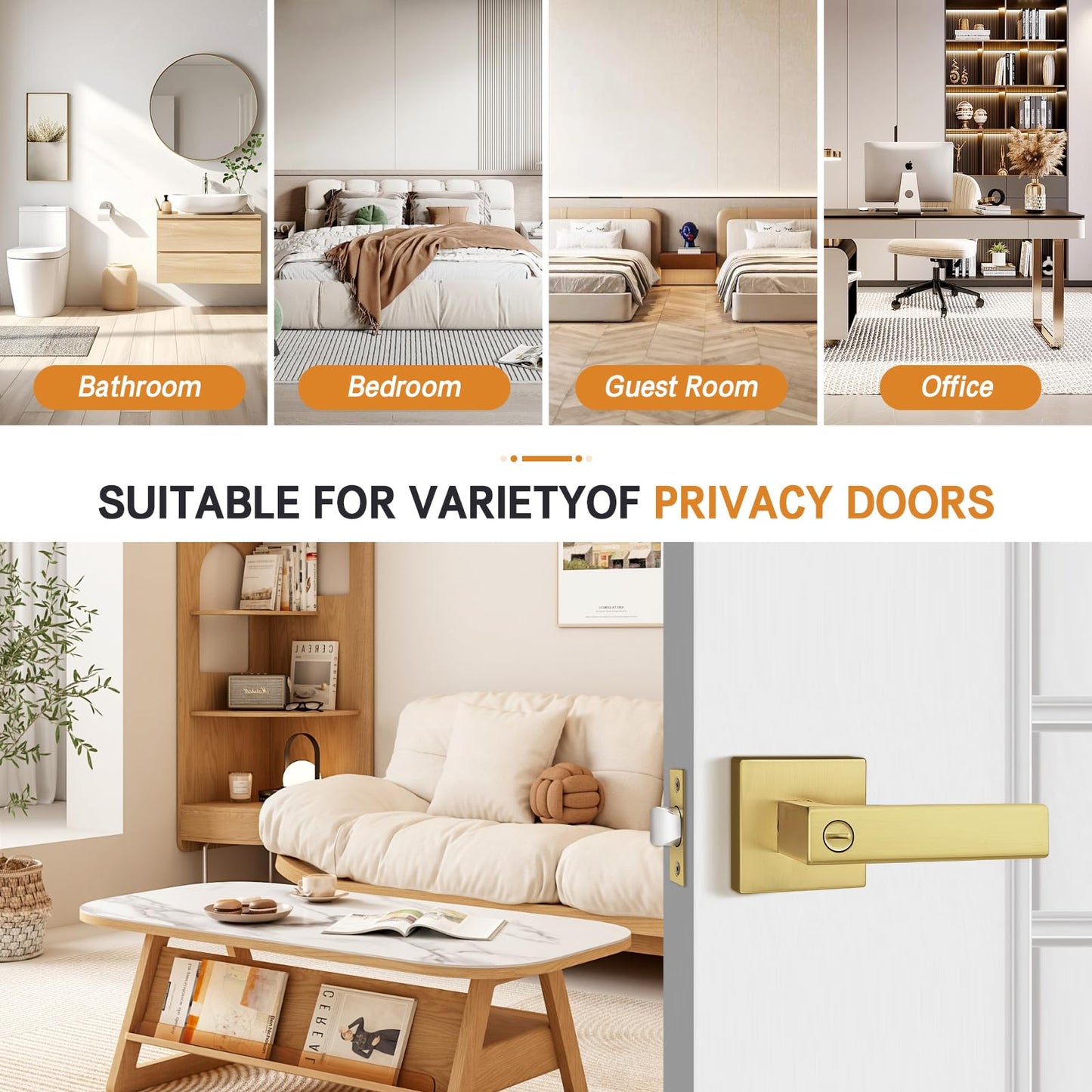 Probrico 8 Pack Privacy Door Handles with Lock, Interior Gold Reversible Levers for Bedroom & Bathroom