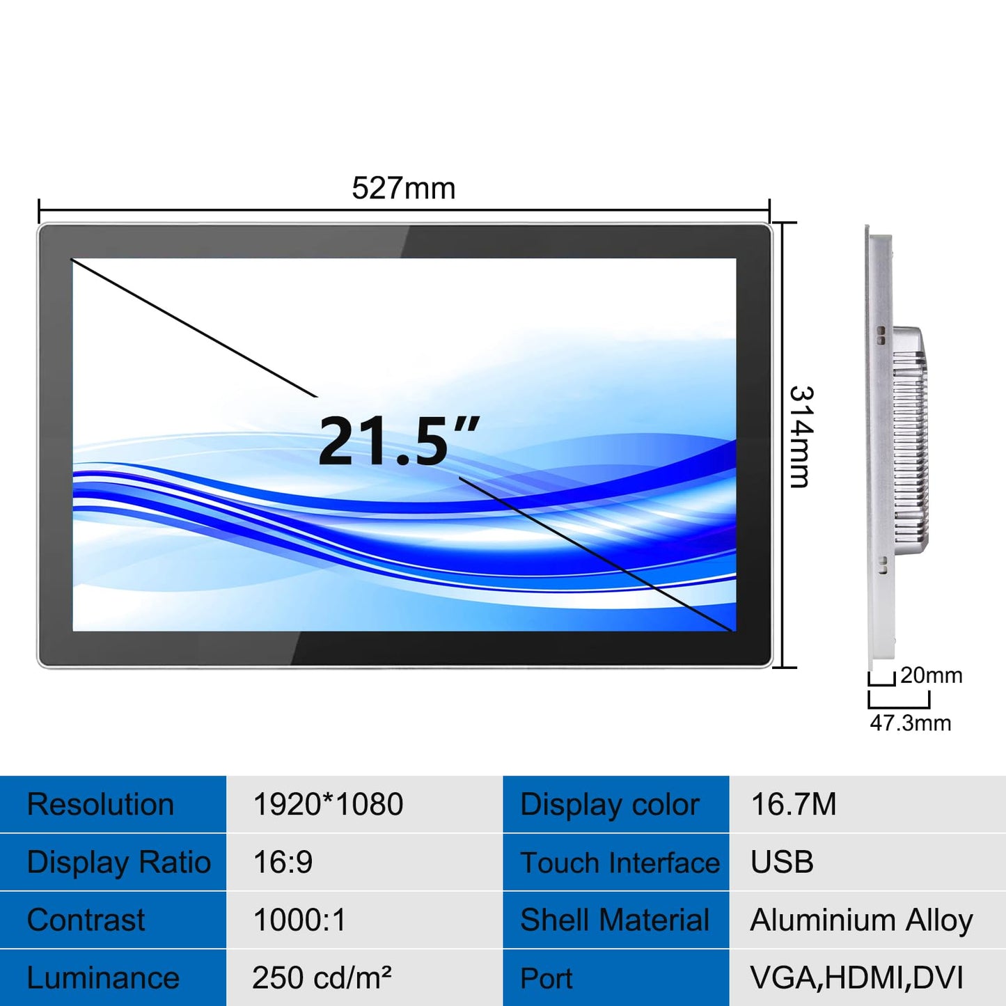 GrenTouch 21.5 Inch 10 Points Touch Screen LCD Monitor Aluminum Case - Embedded Touchscreen Monitor for Industrial, Medical, Retail