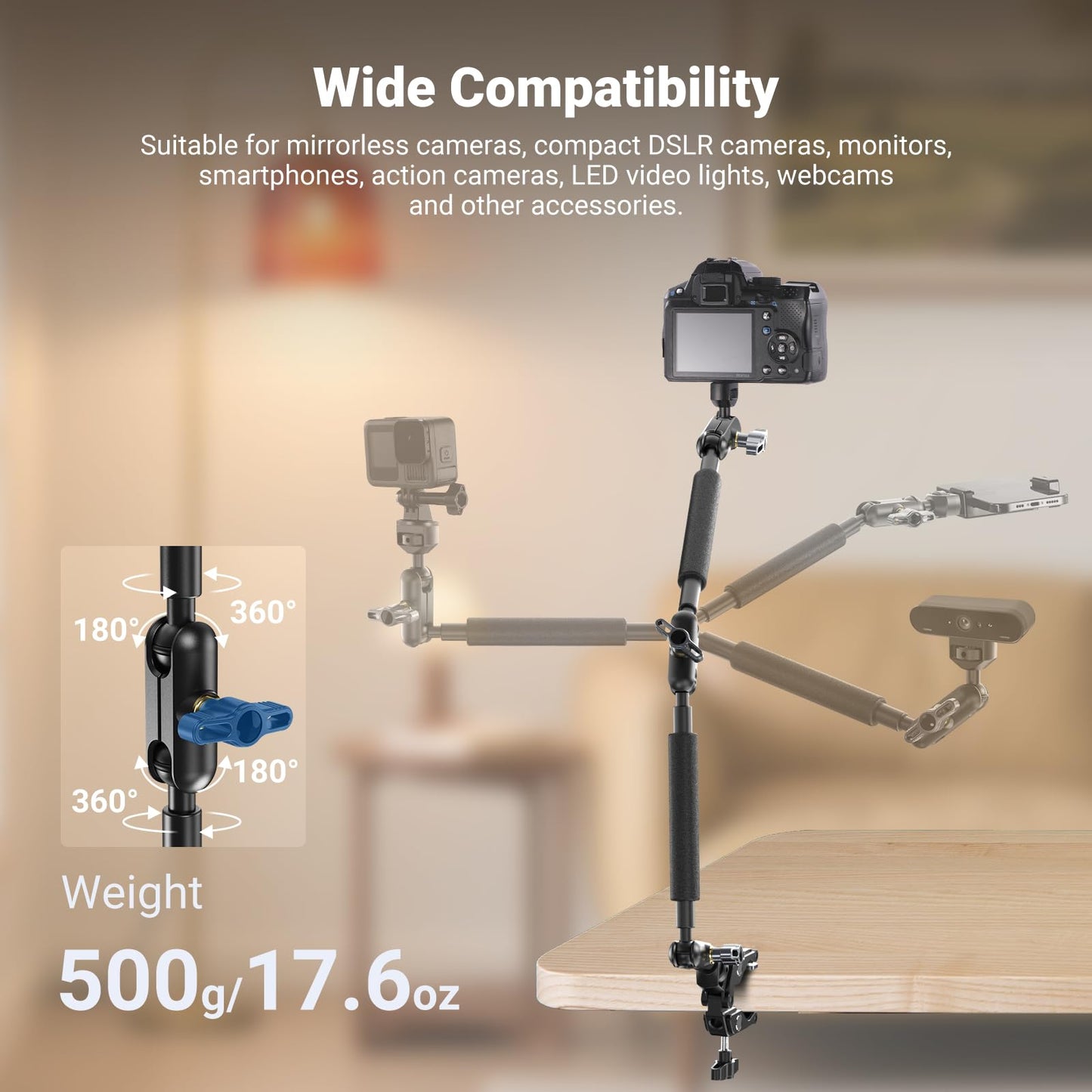 NEEWER 22" Magic Arm w Desk C Clamp, Overhead Camera Mount with Articulating Mic Boom Arm 1/4" 3/8" Threads for ARRI, Desktop Stand Holder for Phone Microphone Webcam Action Camera Video Light, UA057