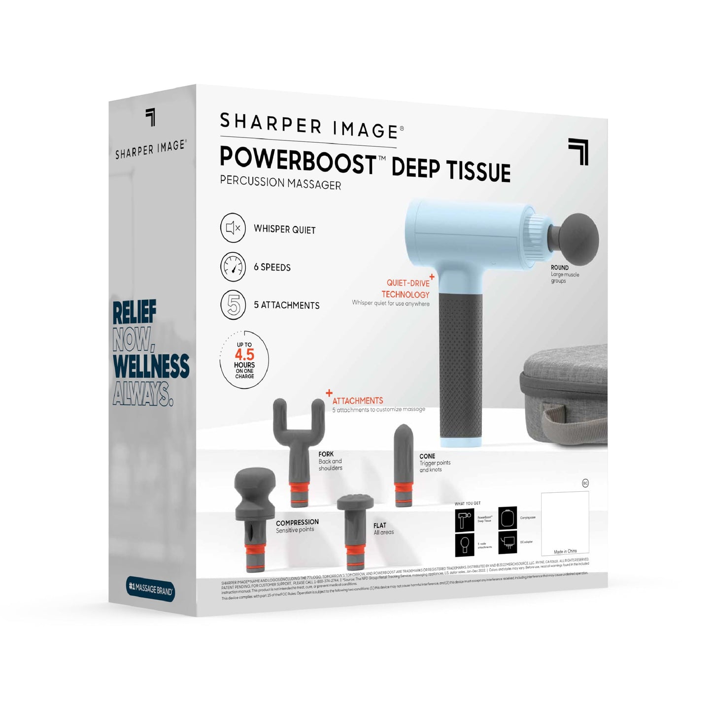 Sharper Image Deep Tissue Percussion Massage Gun, Powerboost Rechargeable Handheld Massager, 6 Adjustable Speeds, 5 Attachment Heads & Carrying Case, Full Body Muscle Pain Relief, Light Blue
