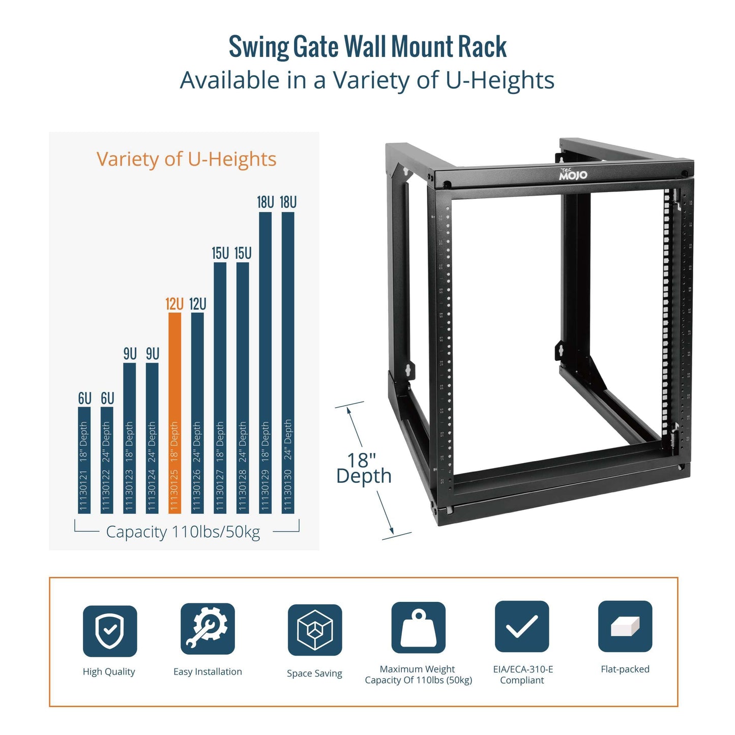 Tecmojo 12U Wall Mount Server Rack, Open Frame Network Rack for 19" Computer/AV/Data/IT/Media Equipment, 18" Depth, 16" Apart Mounting Holes, Swing Gate, Square and Tapped Holes