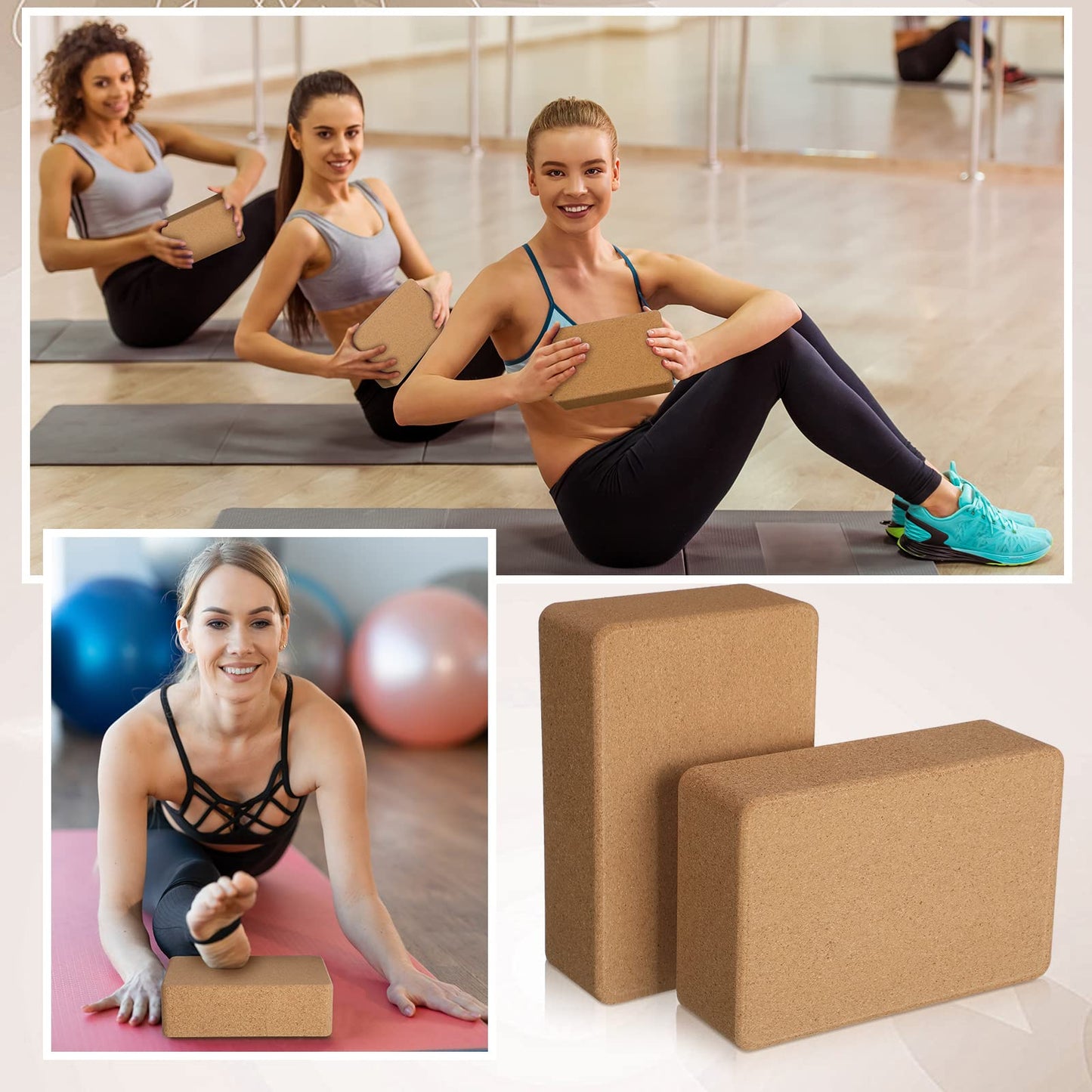 Junkin 6 Pack Cork Yoga Blocks, 9 x 6 x 3 Inches Non-slip & Anti-tilt Yoga Blocks for Supportive Stretching, Lightweight Gymnastic Cube Bricks for Exercise Pilates Workout Fitness Meditation Stability