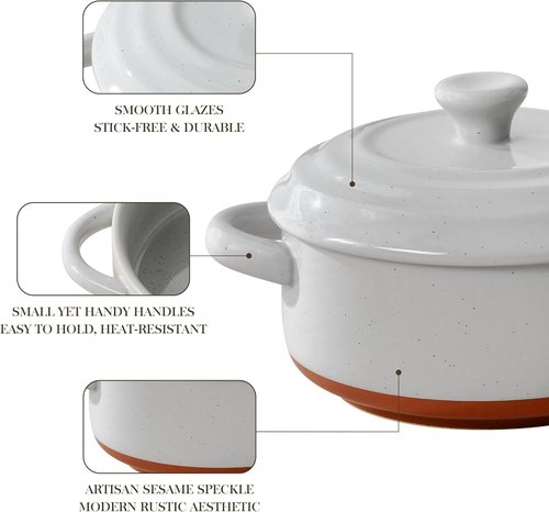 MALACASA Mini Cocotte Set - 12 OZ Ceramic Ramekins with Lids & Handles | Set of 4, Khaki Grey, Oven Safe