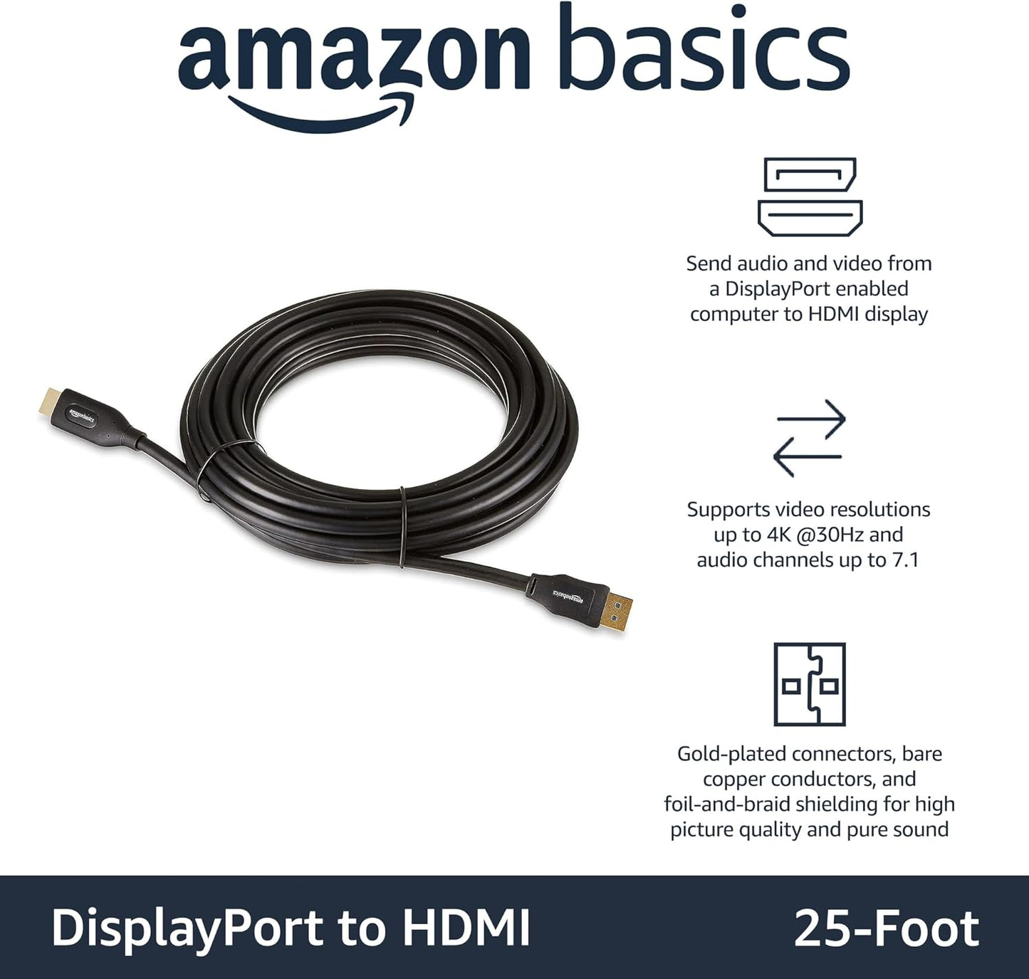 1920x1200, 1080p, 25 Amazon Basics DisplayPort to HDMI Cable, Video and Audio, Uni-Directional, Gold-Plated Plugs