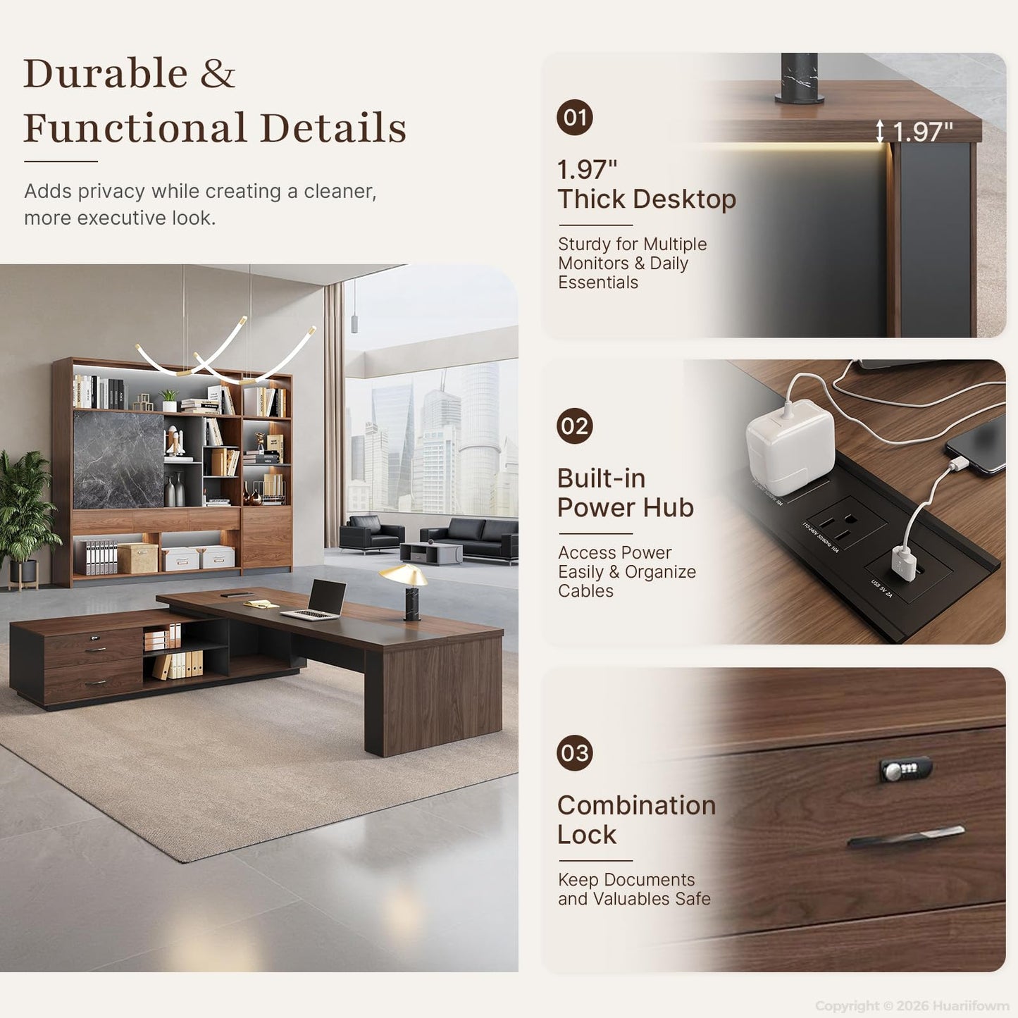 Huariifowm 63" Reversible L-Shaped Executive Desk with Locking Drawers, Compact Office Desk for Home & Manager Office, Power Outlet, USB Ports, Storage Shelves, Privacy Panel & LED Light, Walnut Gray