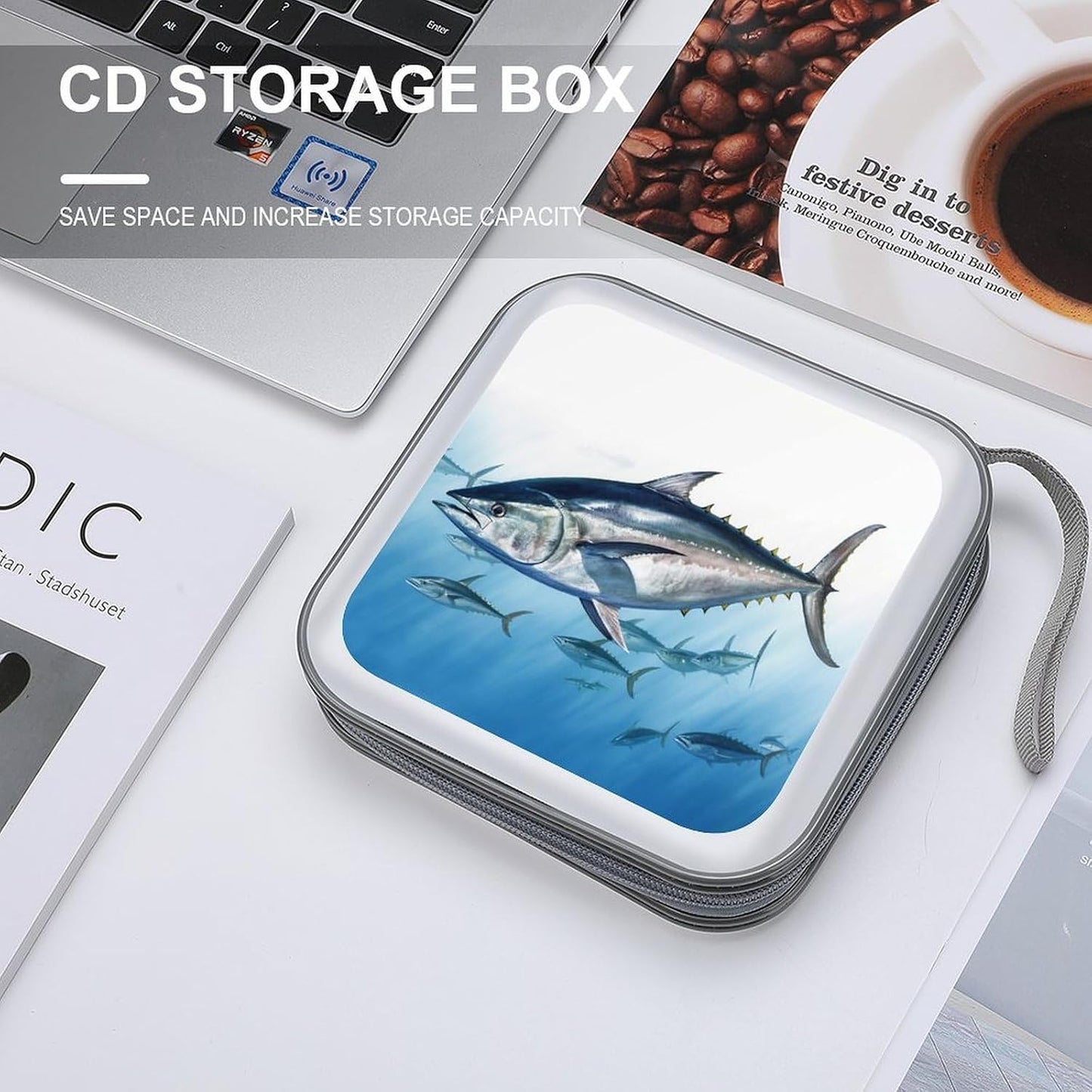 LZQPOEAS 40-Disc Bluefin Tuna Thunnus Capacity Cd Storage Wallet With Handle, Protective Travel Case For Dvds