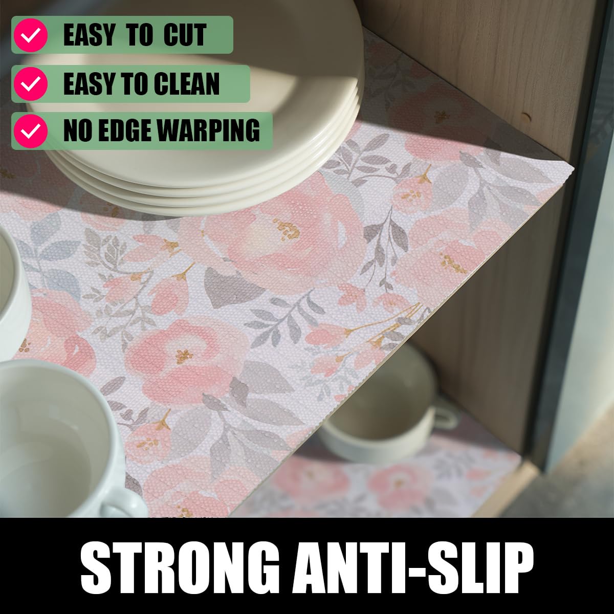 Amiitay Peony Shelf and Drawer Liner for Kitchen,Non-Adhesive and Strong Non-Slip Floral Valentine's Day Cabinet Drawer Liners for Kitchen Shelf, Waterproof Cupboard Liners,Easy to Clean,12IN x 10FT
