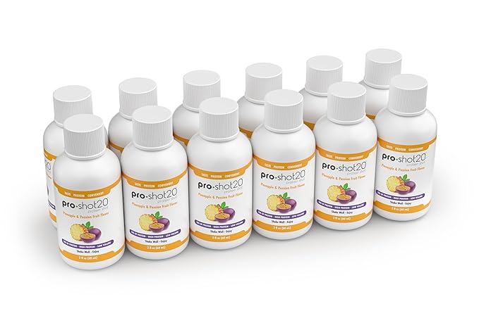 Pro-Shot20 Protein Shot Pineapple & Passion Fruit Flavor, 60 mL, 12-Pack- 20g Whey Protein & Hydrolyzed Collagen Drink- Low Calorie, Low Carb, Gluten Free, No Aspartame, Ready to Drink