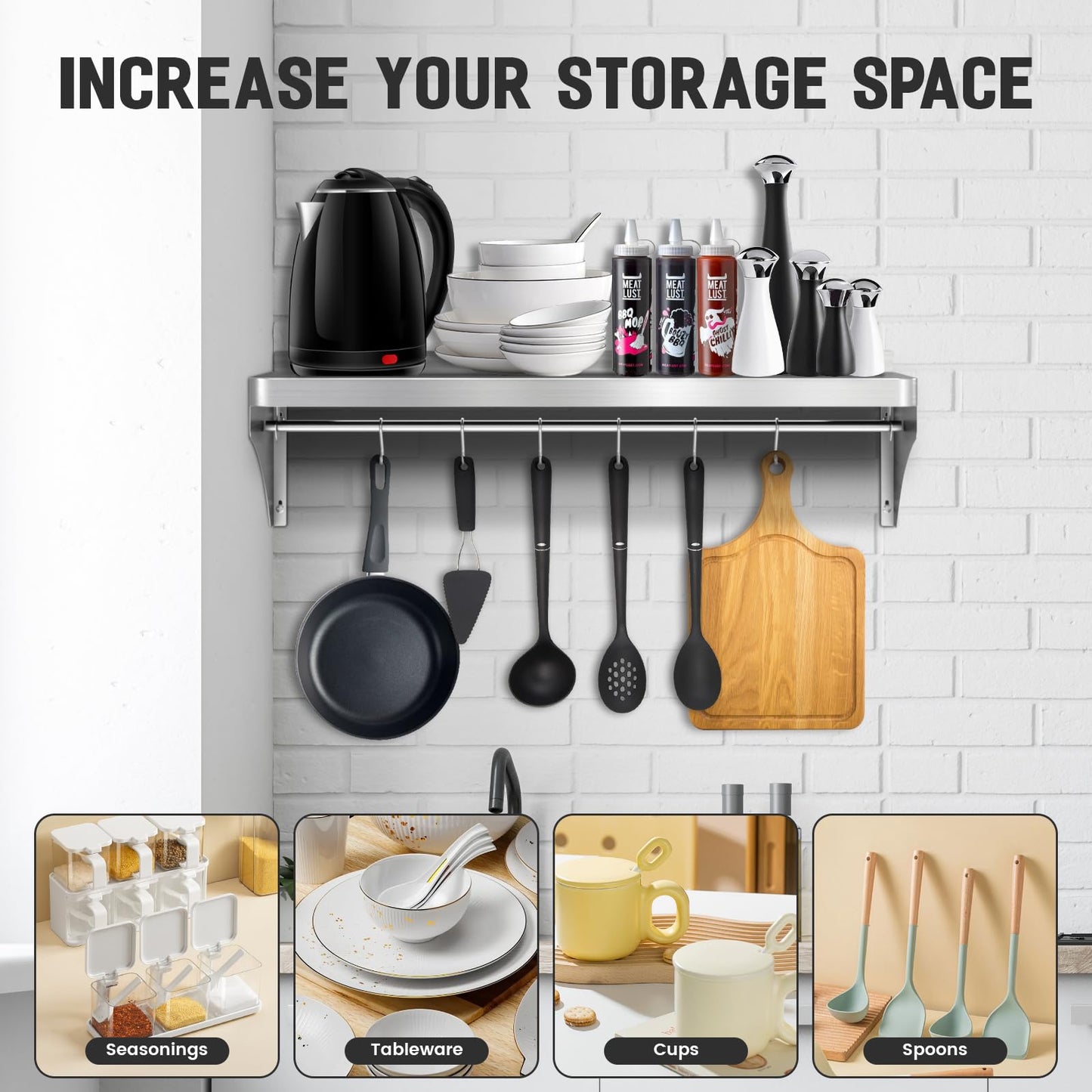 Commercial Stainless Steel Shelf 36" x 12" - 250lb Load Capacity, Heavy Duty Stainless Steel Wall Mounted Kitchen Shelf with Backsplash & 6 Hooks for Restaurant, Laundry