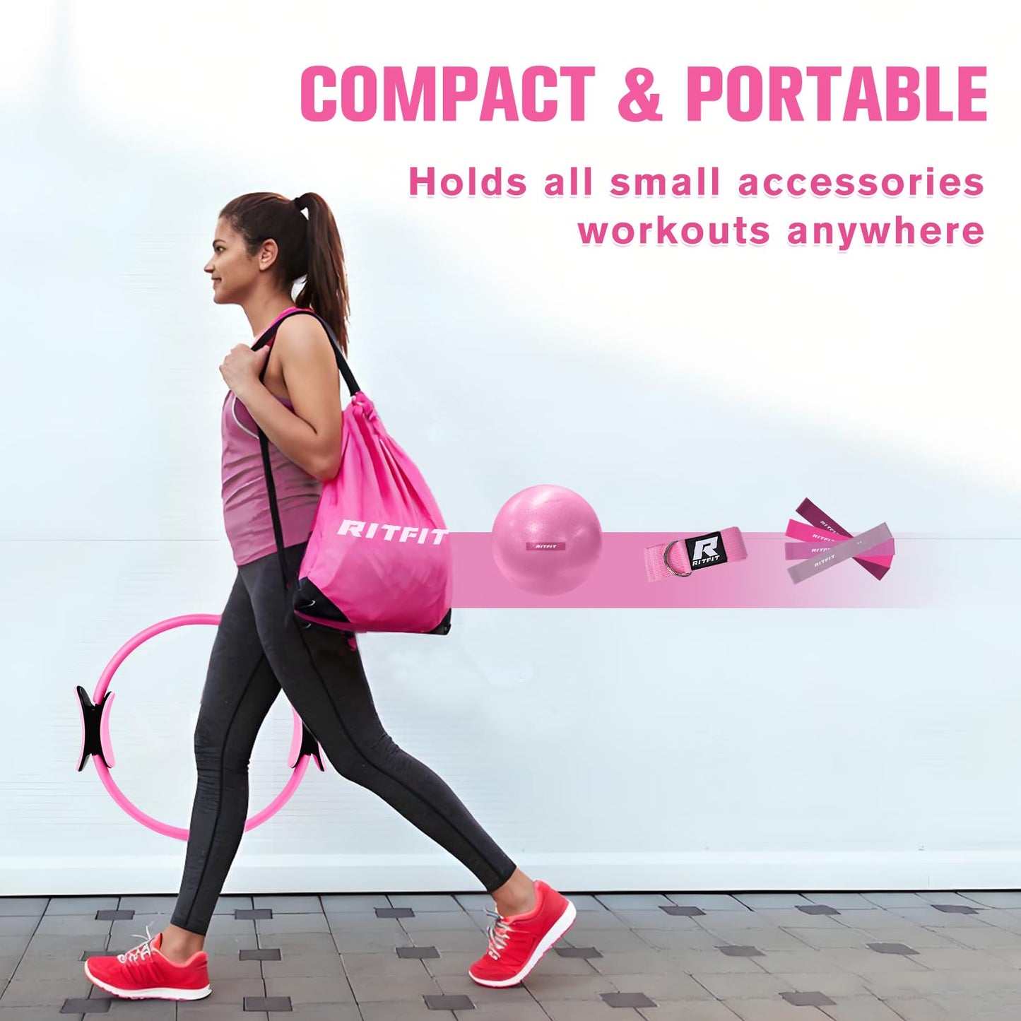 RitFit Pilates Kit - 14 Inch Pilates Ring Magic Circle with Pilates Ball, Resistance Bands & Yoga Strap, Pilates Equipment for Home Workout Toning Thighs, Arms and Core (Pink)