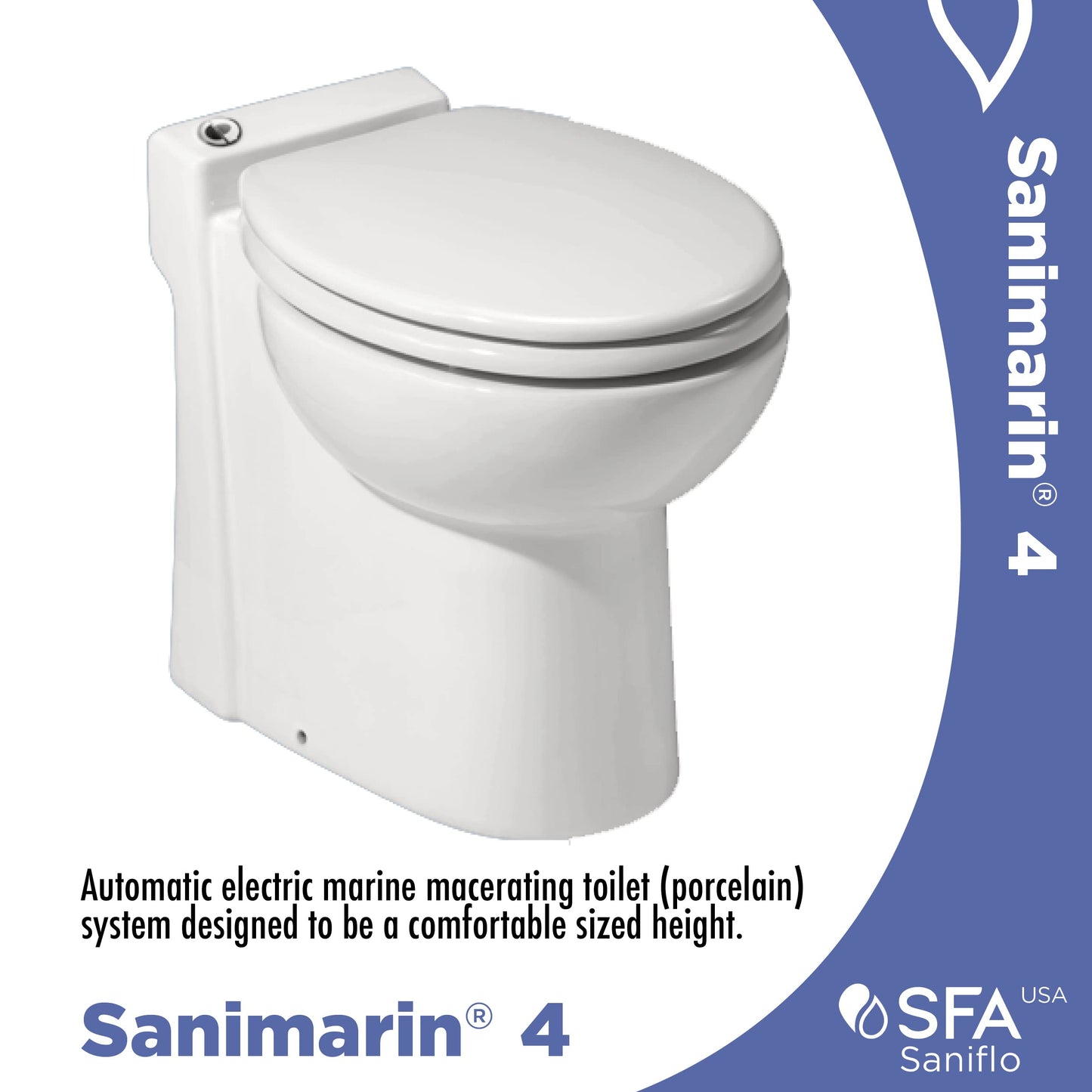 SFA SANIFLO - Sanimarin 4 - Electric Marine Macerating Toilet - Confortable & Standard Height - Stainless Steel Blade - Quiet, 52 dB(A) - Control Panel Included - 12V - Made In France