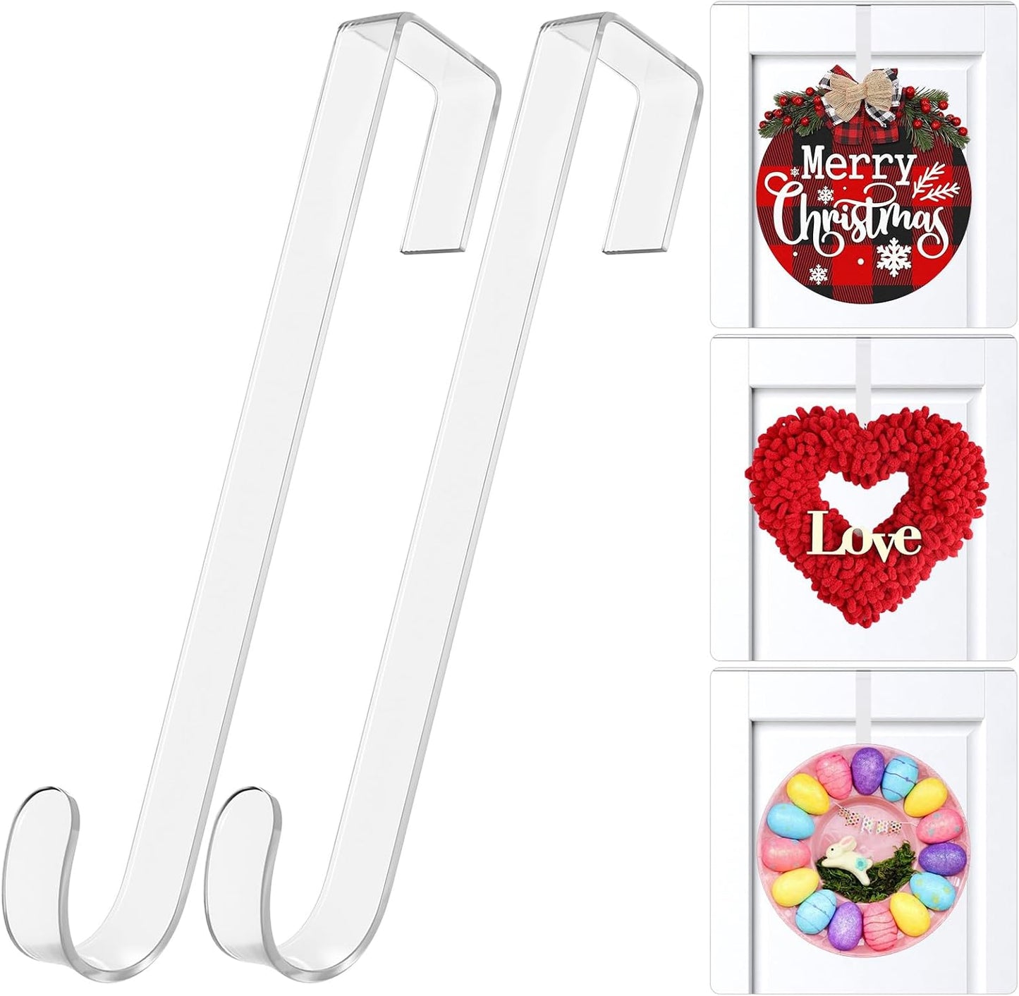 Skiennix 12-Inch Wreath Hangers - Clear Over-The-Door Hooks, 2-Pack Non-Scratch Design for Holiday Decor