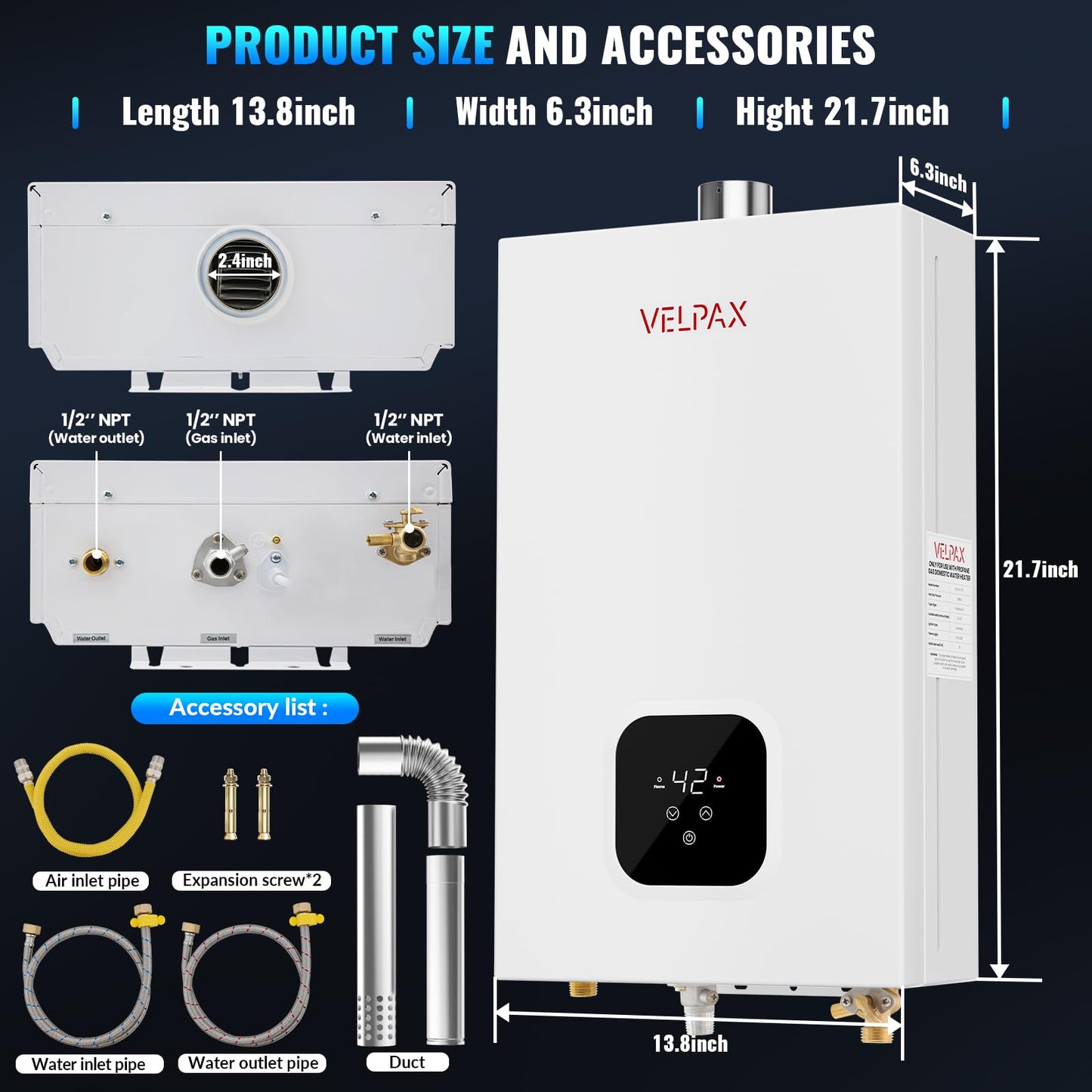 Propane Tankless Water Heater, 4.21GPM 16L Indoor, Constant propane water heater,Instant Hot Propane Gas Water Heater with Multi-Protection