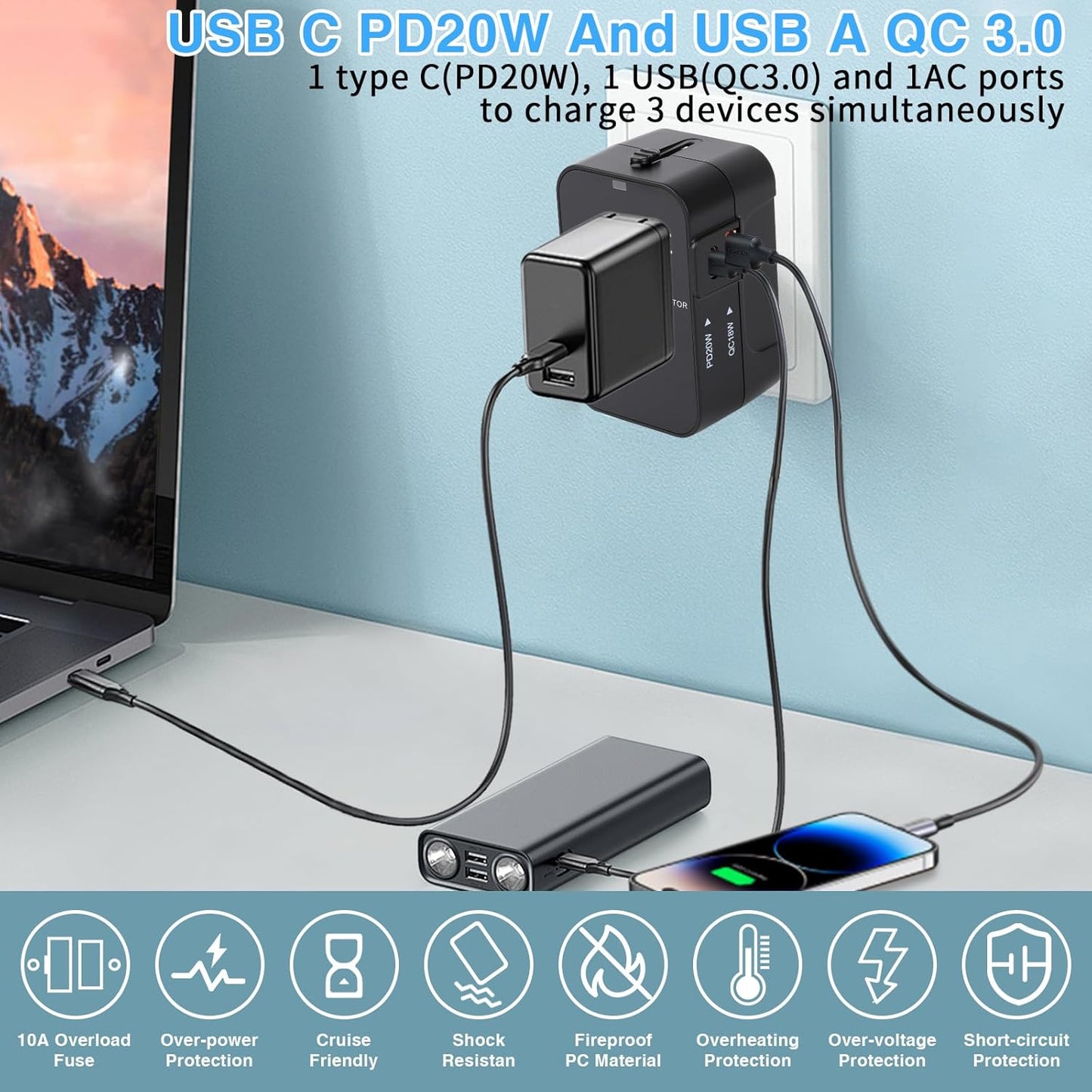 Zinalop PD20W Adapter,1 1 Universal Travel Adapter, International Power Type-C & USB-A Fast Charging Travel Charger