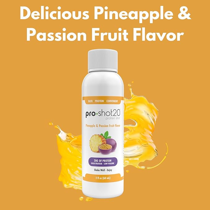 Pro-Shot20 Protein Shot Pineapple & Passion Fruit Flavor, 60 mL, 12-Pack- 20g Whey Protein & Hydrolyzed Collagen Drink- Low Calorie, Low Carb, Gluten Free, No Aspartame, Ready to Drink