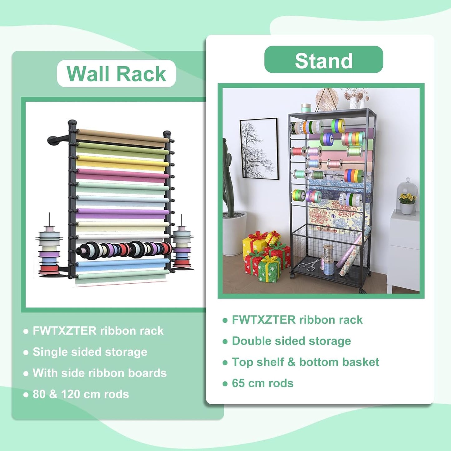 Skiennix 16-Tier Ribbon Organizer Rack - Double-Sided Storage Holder with Wheels for Craft Room