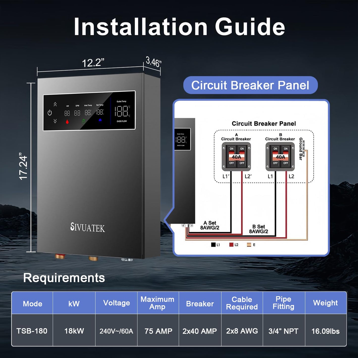18kW Tankless Water Heater Electric 240V SIVUATEK, Self-Modulating Power for Optimal Efficiency, On Demand Instant Hot Water for Whole House, LED Display, ETL Certified