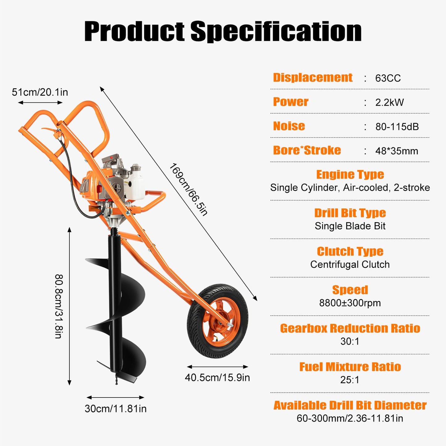 63CC 2-Stroke Hole Digger, 3HP Gas Powered Earth Auger Post Hole Digger Ground Drilling Machine Gasoline Earth Auger Wheelbarrow w/Extra-Large Fuel Tank & Bits for Fence Ground Drill Planting (Orange)
