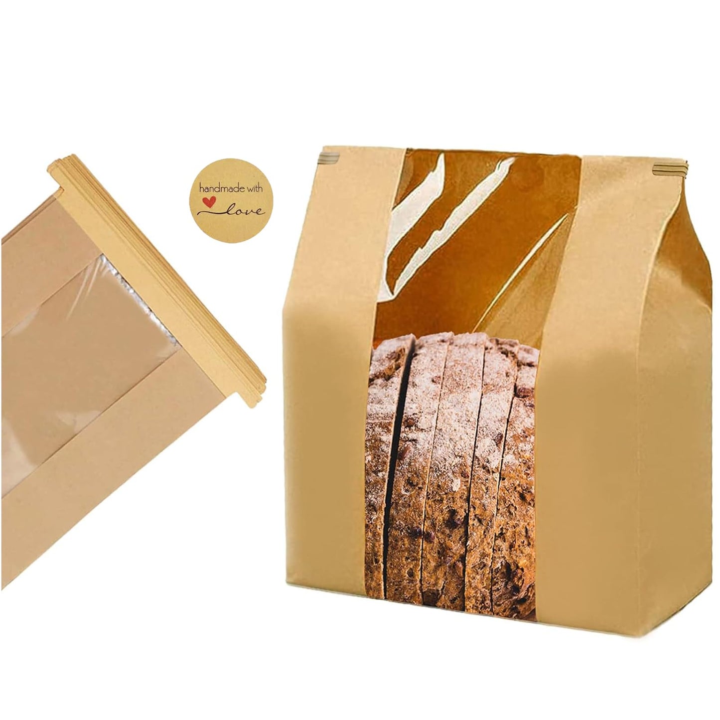 NOONEAST 50 Pack Large Paper Bread Bags for Homemade Bread Sourdough Bags 14" x 8.3" x 3.5" with Tin Tie Tab Lock Clear Front Window Bakery Bag Packaging Cookie Bag with Label Seal Stickers